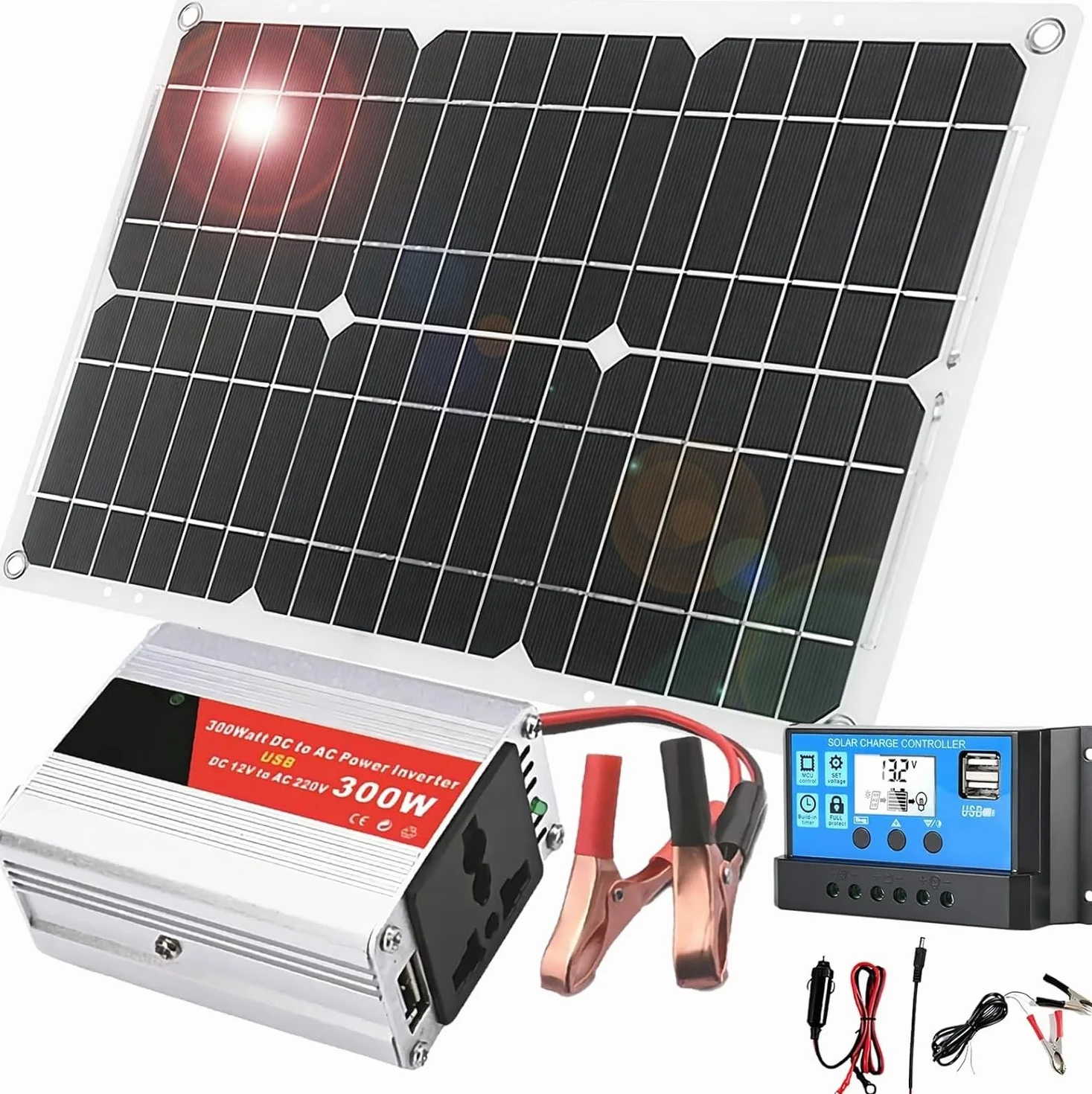 Kit inverter solare da 300 W con regolatore di carica da 30 A, doppie porte e display LED for camper, casa e capannoni.