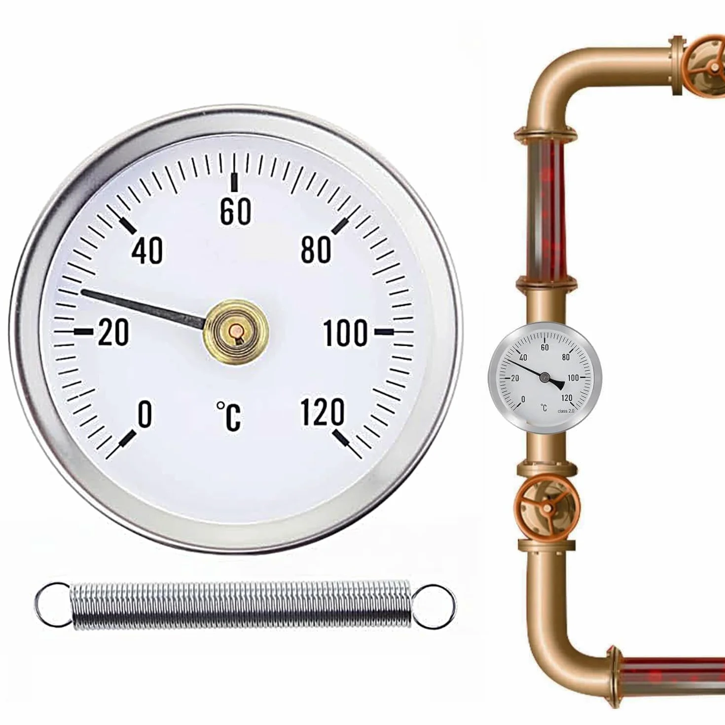 Termometro, tubo di riscaldamento 0-120C, 63 mm, termostato per radiatore per la regolazione della temperatura su tubi del radiatore con contatto bimetallico in acciaio e superficie in acciaio