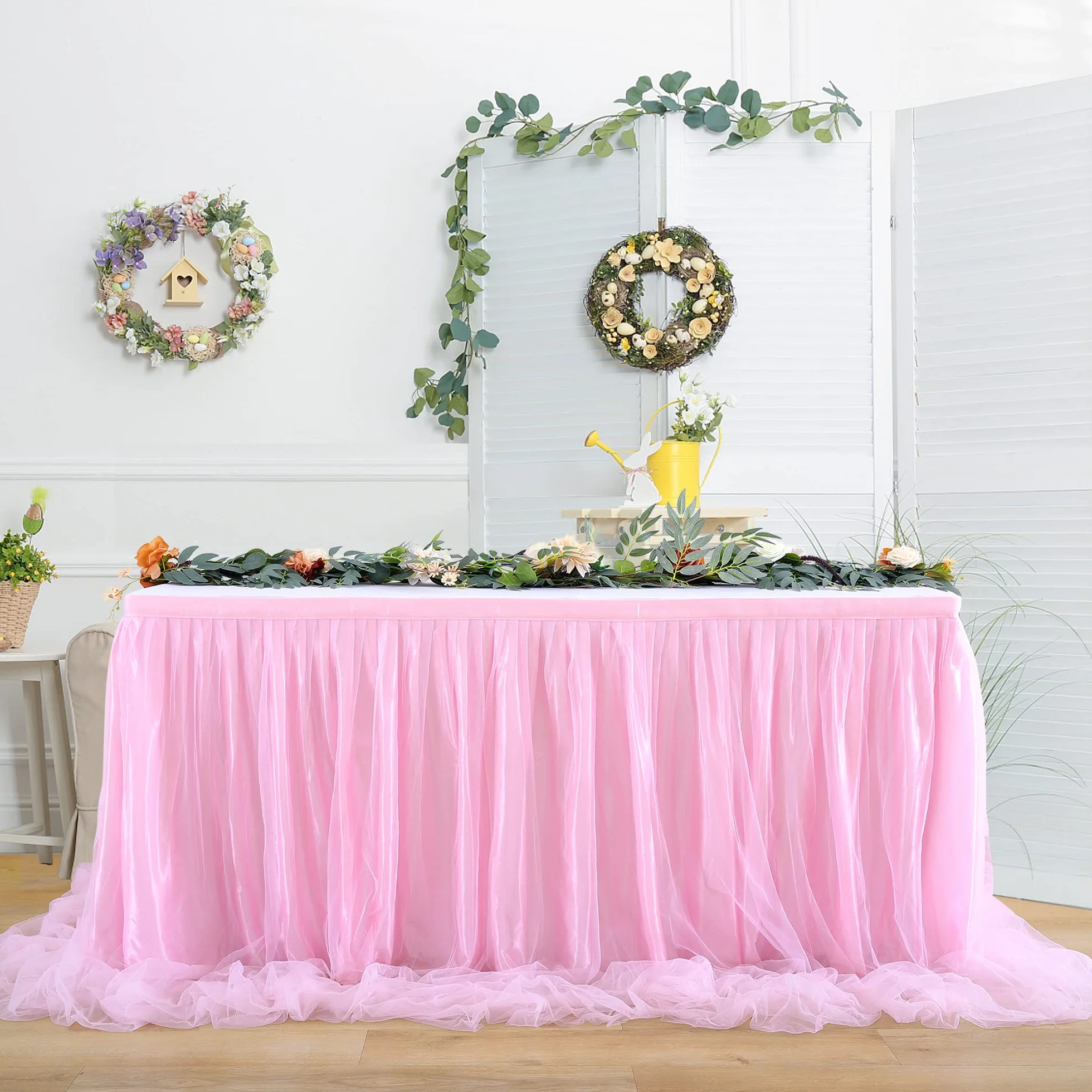 HBBMAGIC gonna da tavolo in tulle rosa baby 275 cm con volant lavabile