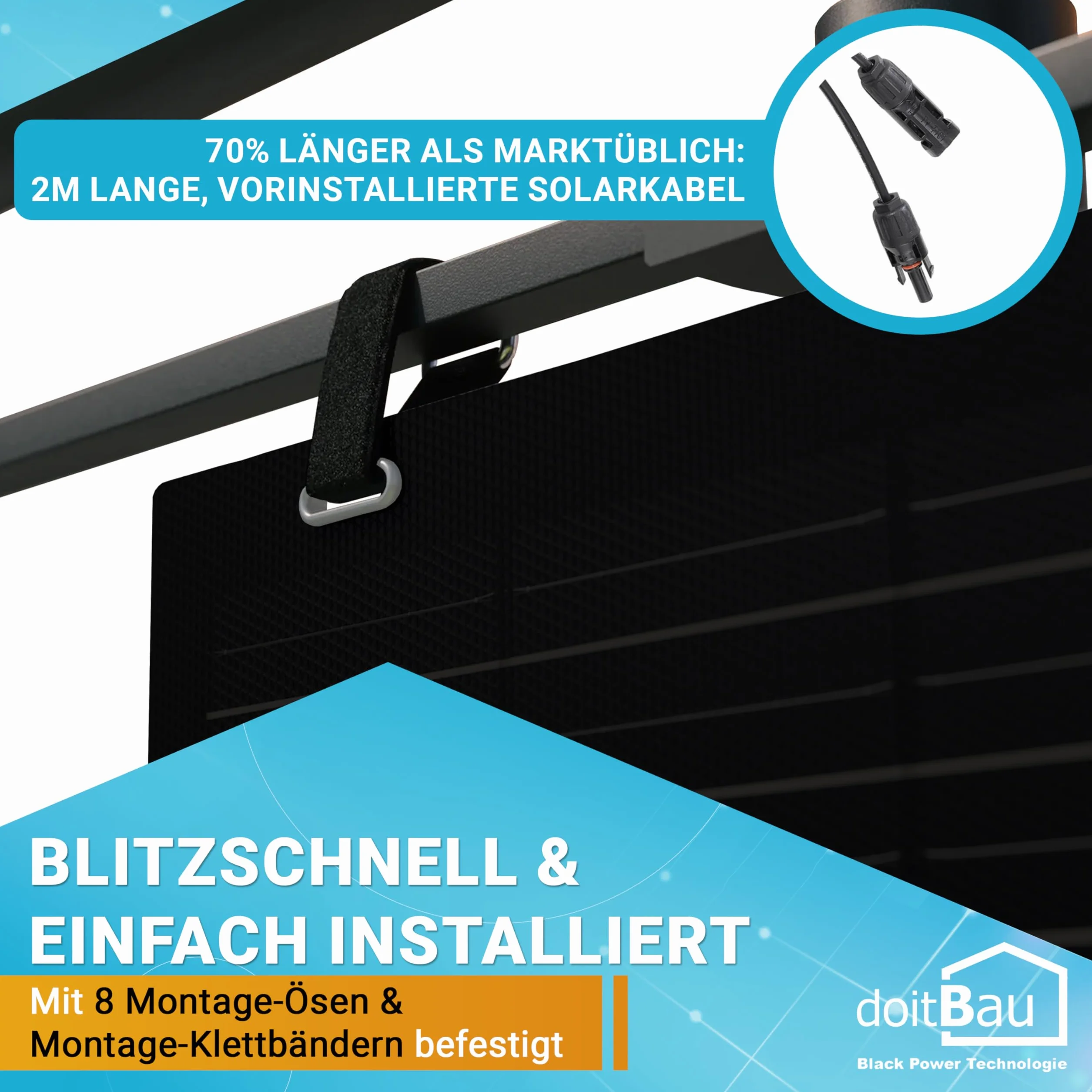doitBau Modulo solare flessibile 200 W Full-Black - ultra sottile 2 mm, 1,9 kg - 1352 × 770 mm per camper, barca, balcone e tetto