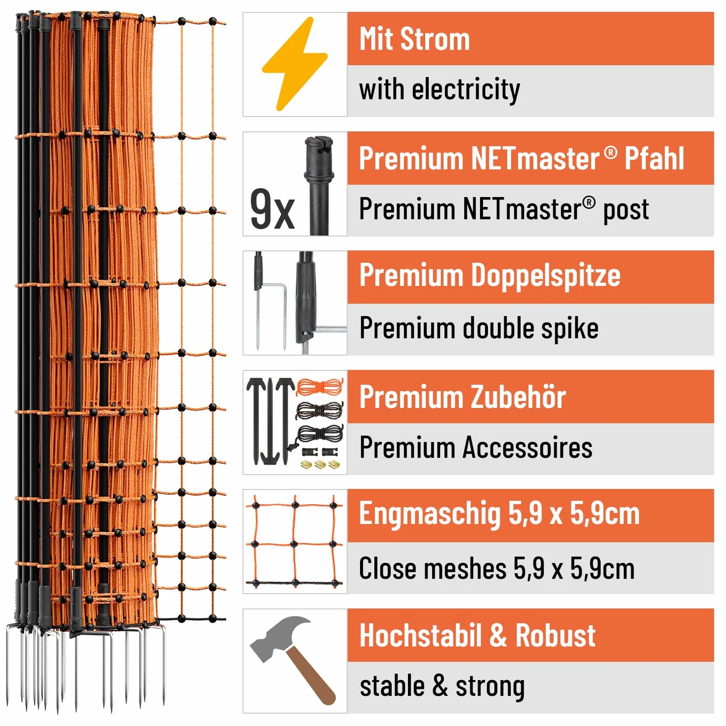 VOSS.farming Rete per pollame, per recinzioni elettrificabili farmNET+ 50 m, Altezza 112 cm, a Punta Doppia, 20 Pali, Colore Arancione