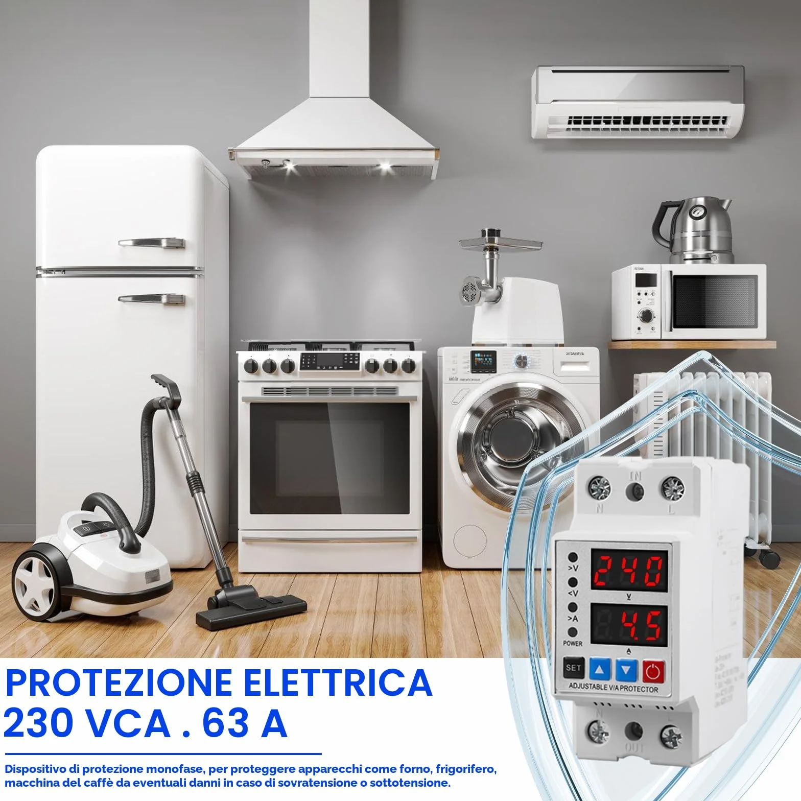 Stabilizzatore di Tensione, Protettore di Sovratensione e Sottotensione Stabilizzatore di Tensione Relè AC230V Automatico di Protezione Sovratensione 2P63A Protezione Sovracorrente