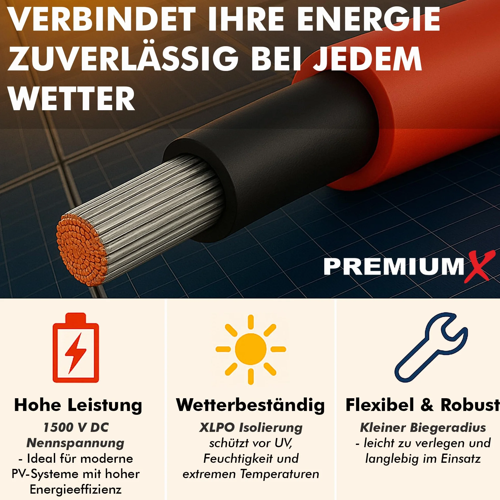 Cavo Solare 50m 6mm² H1Z2Z2-K 1500V CC Rame stagnata Resistente UV Rosso