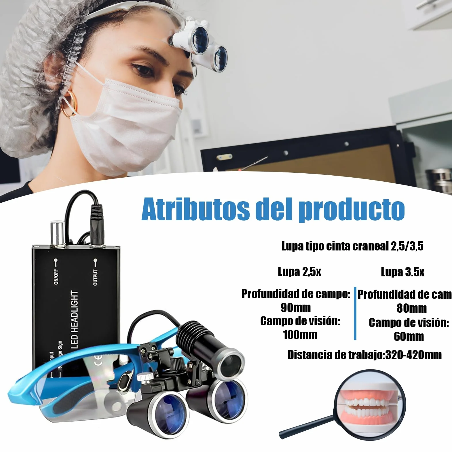 Occhiali di Ingrandimento 3.5X con Luce LED - Lenti Ottiche Dentali 420mm, Regolabili e Portatili, Ideali per Dentisti, Studenti Odontoiatria - Custodia Inclusa