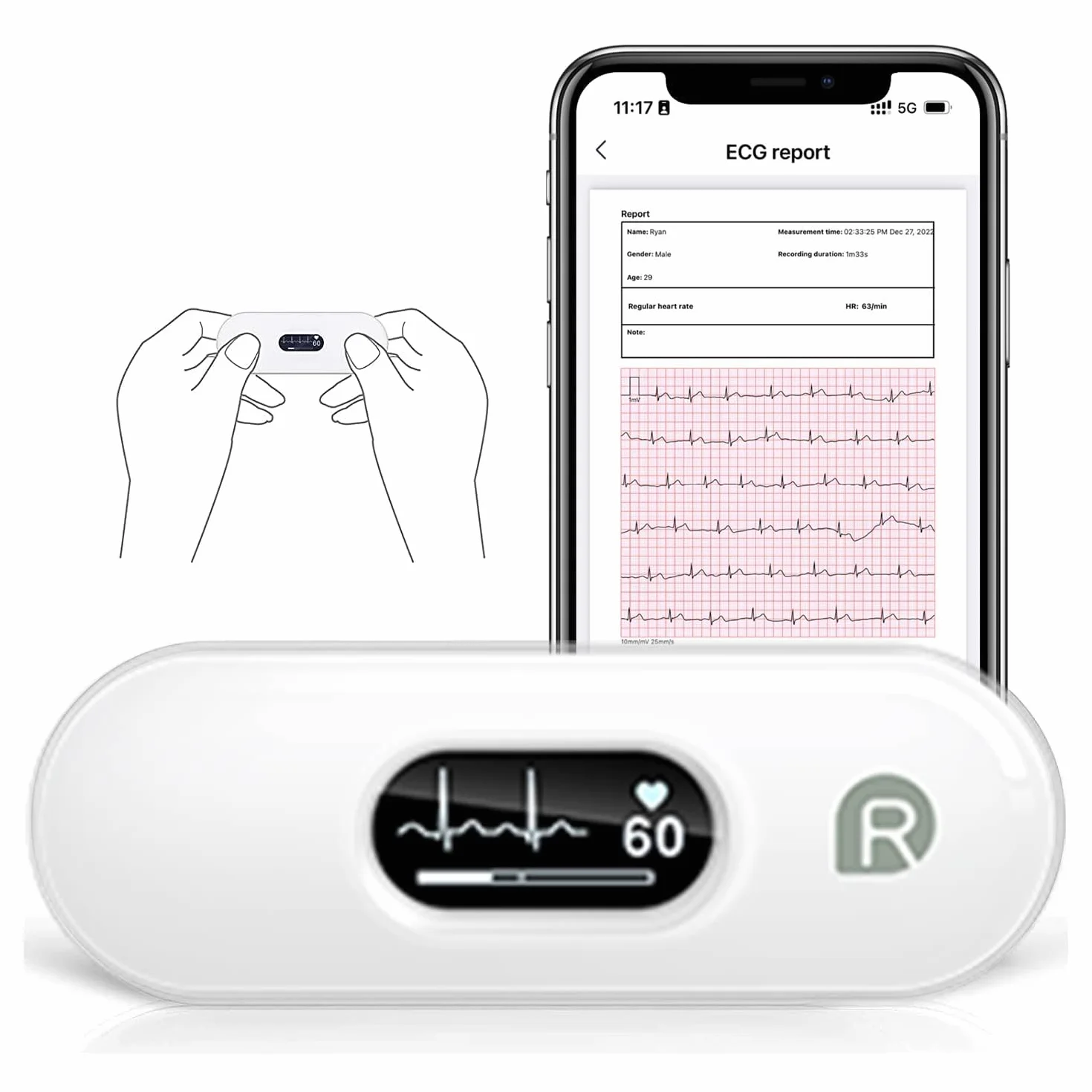 CheckMe DuoEK-S ECG Palmare Bluetooth, Misuratore ECG Wireless con Report di Analisi, ECG Portatile con Schermo OLED da 0,96 pollici, 30s - 5 mins, Cardiofrequenzimetro, APP per iOS/Android