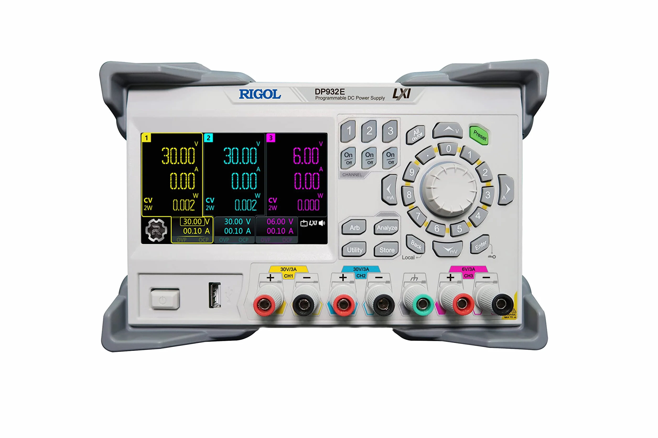 RIGOL Alimentatore da Banco,DP932E Alimentatore da Laboratorio Regolabile,3 uscite,30V/3A||30V/3A||6V/3A,Risoluzione 10mV/10mA,Modalità serie/parallelo automatica