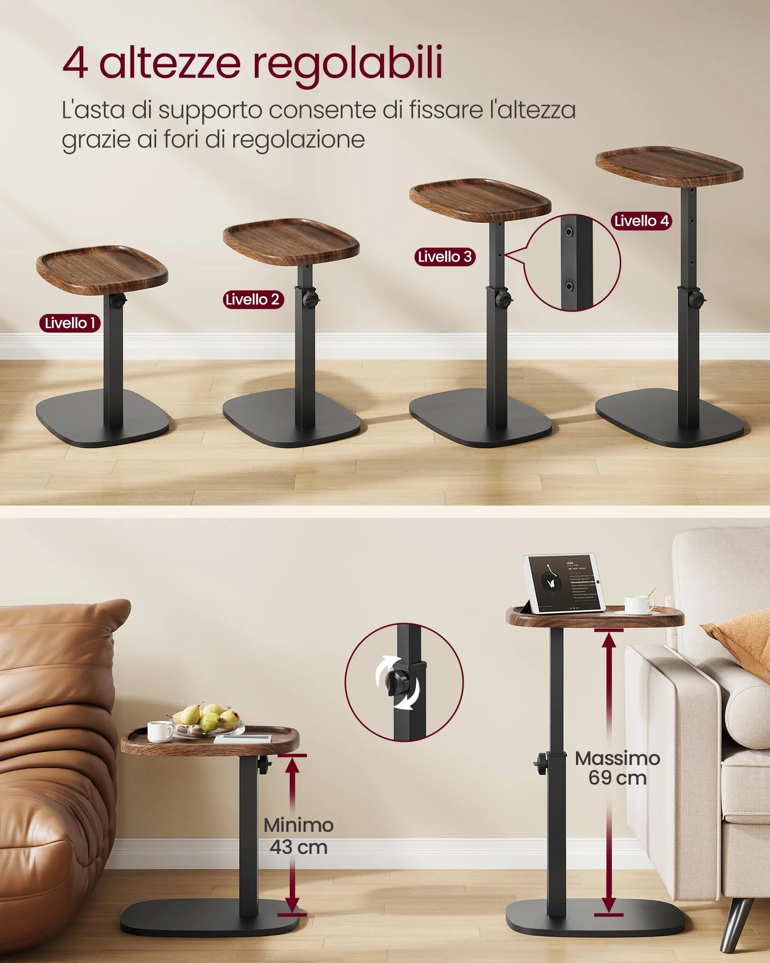 VASAGLE Tavolino a Forma di C Regolabile in Altezza 30 x 40 x 69 cm Marrone Noce e Nero Inchiostro