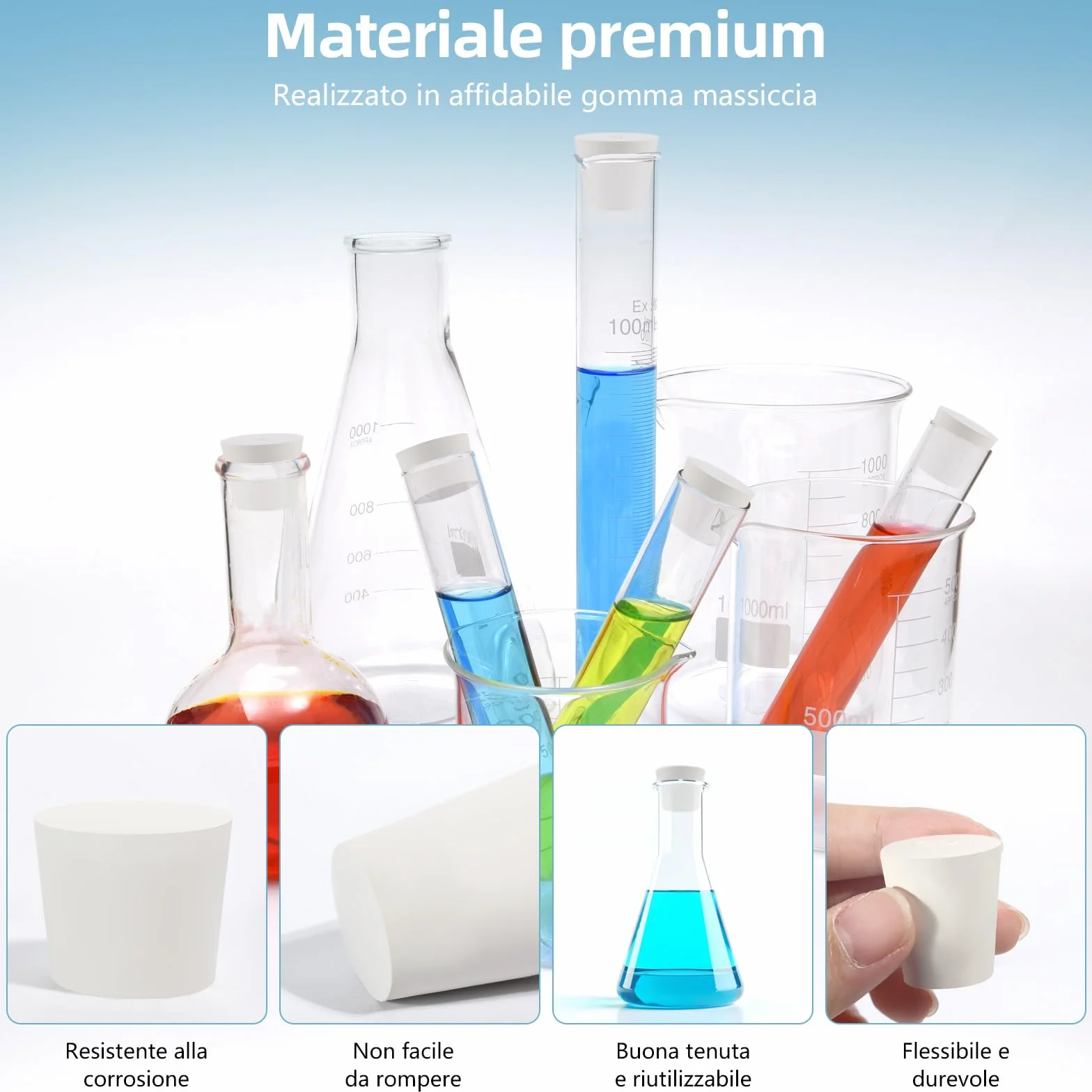 Set da 32 Tappi in Gomma Conico Bianco 13 Misure Tenuta Stagna per Laboratorio Riusabile