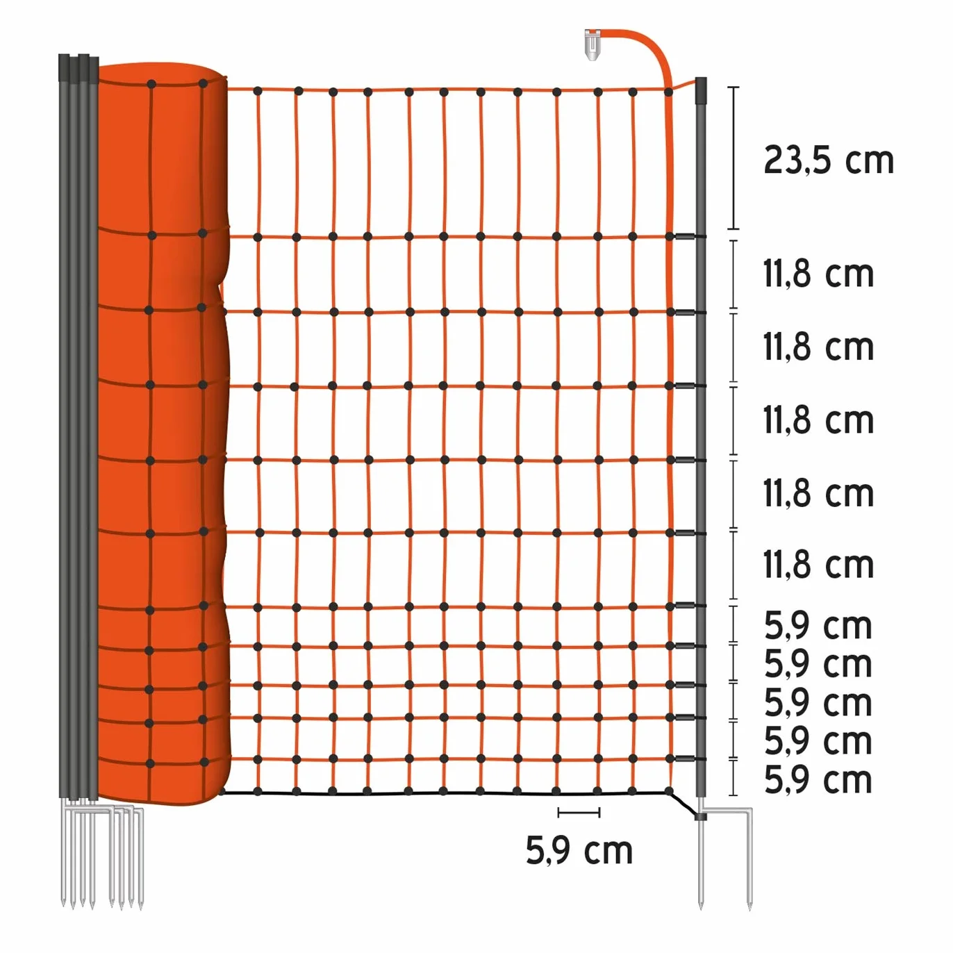 VOSS.farming Rete pollame farmNET per recinzioni elettrificabili, 112 cm di Altezza e 50 m di Lunghezza, a Punta Doppia, Dotata di 16 Pali, Colore Arancione