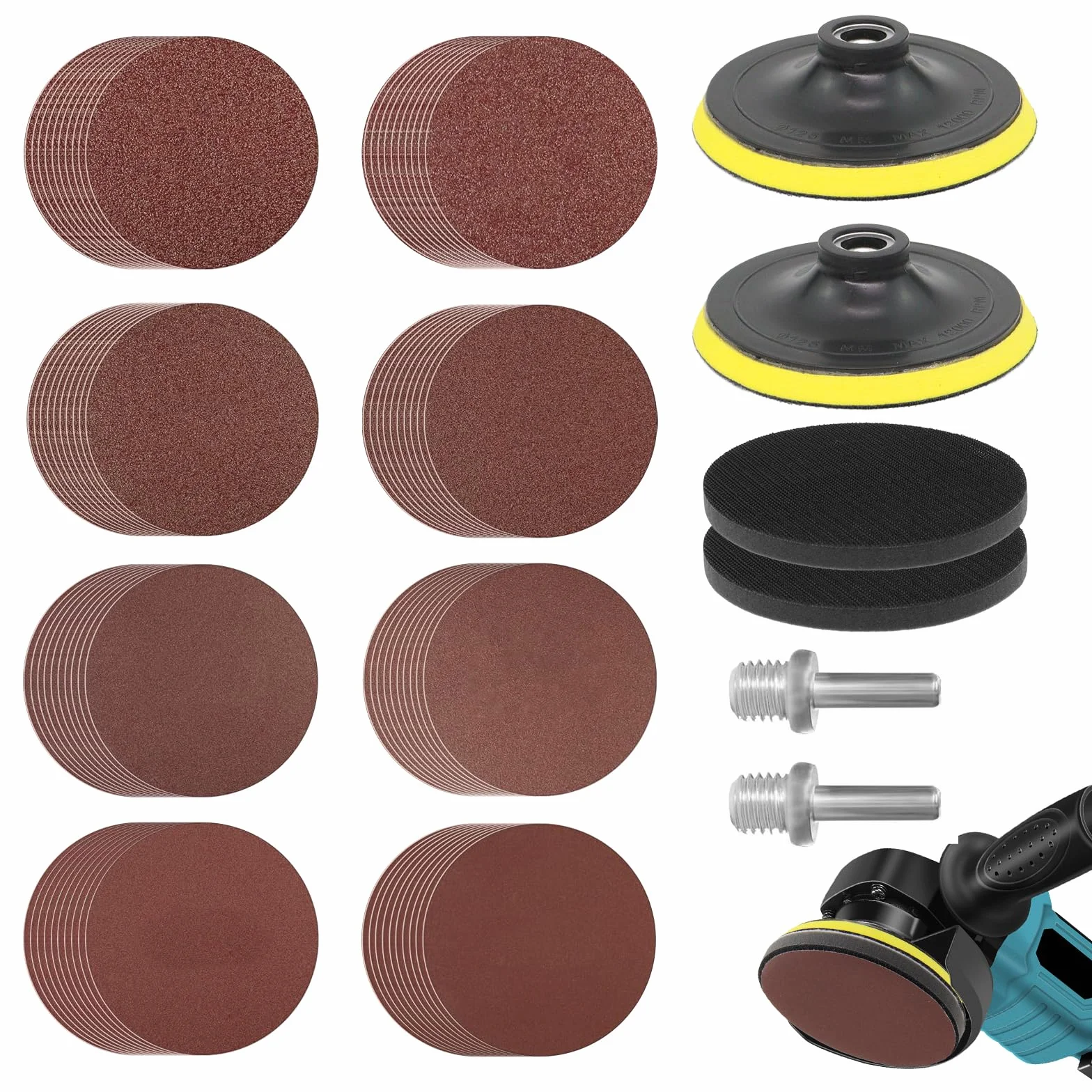 Set di 80 dischi abrasivi con 2 dischi abrasivi M14, 2 fusti e 2 tamponi, carta vetrata da 125 mm, grana in 40/60/80/120/180/240/320/600 per smerigliatrice angolare