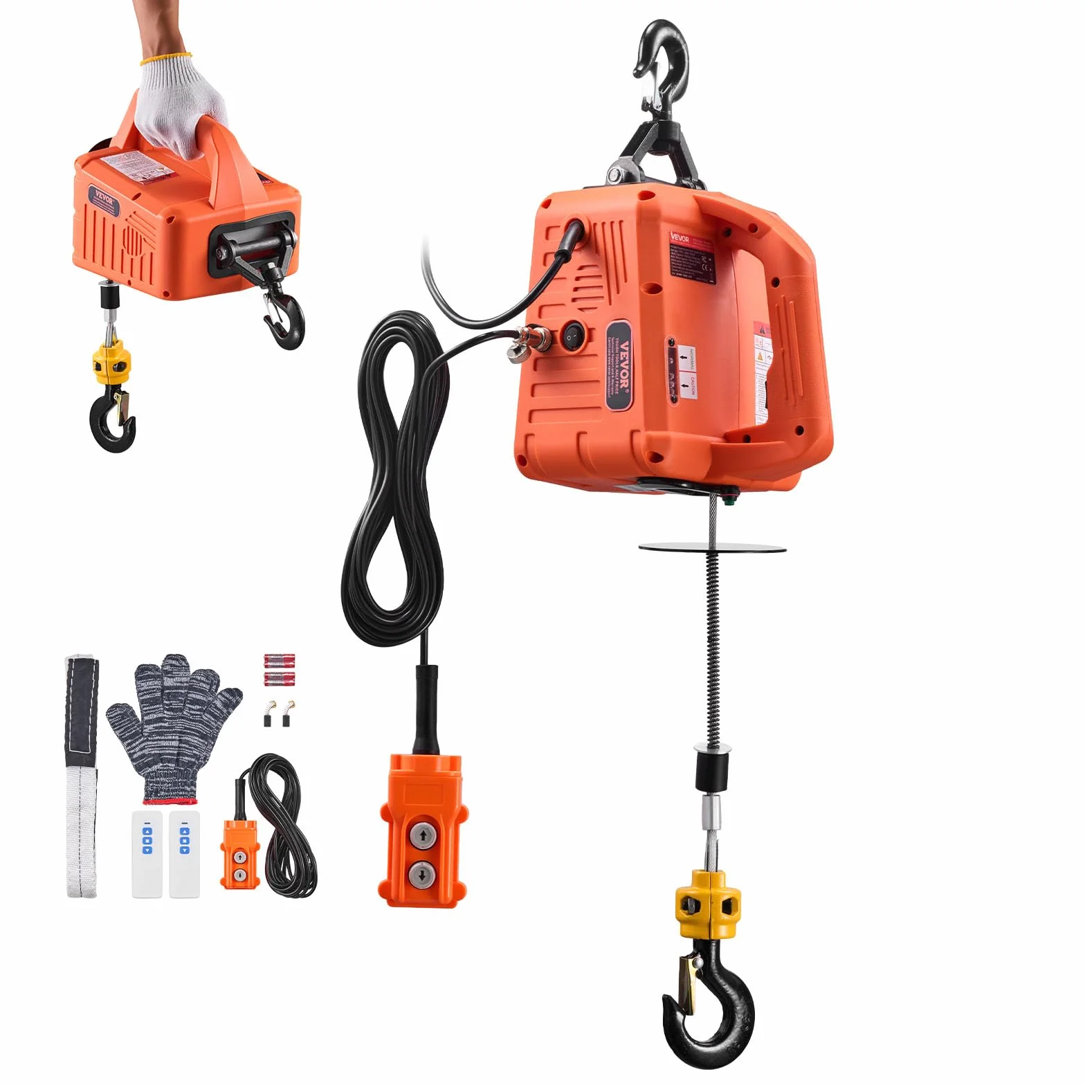 VEVOR Verricello Elettrico di Sollevamento Capacità Carico 700 kg, Paranco Portatile con Argano Elettrico da 1500 W, Altezza di Sollevamento 7,6 m 5 m/min con Telecomando Manuale