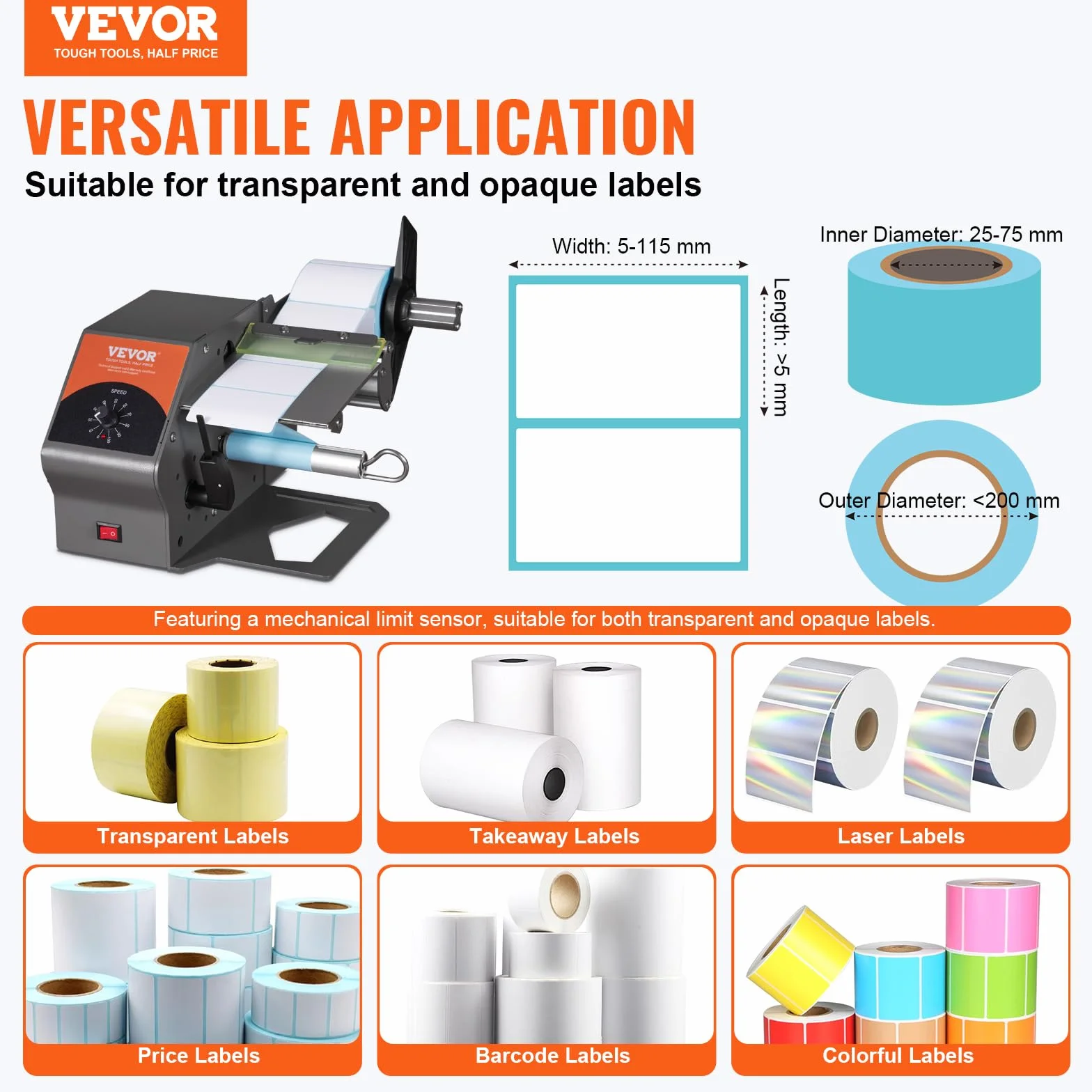 VEVOR Etichettatrice Semiautomatica, 20-50 Pezzi/min, Applicatore di Etichette, Etichettatrice Velocità Regolabile Larghezza Etichetta tra 5-115mm per Etichette Trasparente da Magazzino Supermercato