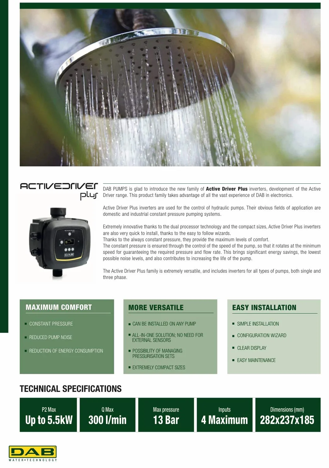 DAB ACTIVE DRIVER PLUS T/T 3.0 Inverter per elettropompa pressione costante silenziosità economia di esercizio riduzione consumi acqua protezione della pompa