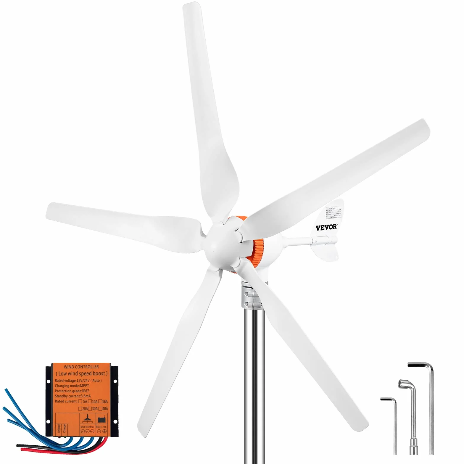VEVOR Kit di Generatore Eolico Generatore 12V/24V(Auto) Con Controllo di Ricarica MPPT a Trifase 200W a 5 Pale, Uso nella Ricarica per il Monitoraggio Domestico, Camper, Barche e Altro Uso Domestico