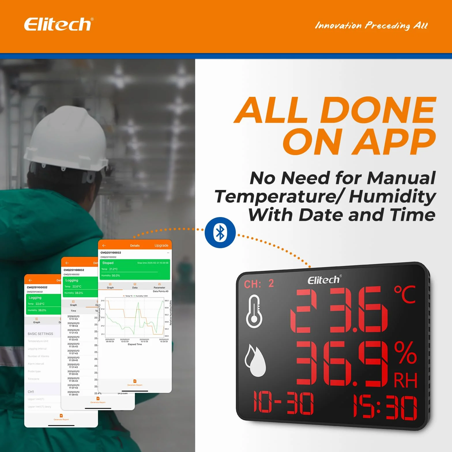 Elitech DR-230-THDE Termometro Igrometro Digitale con Doppia Sonda Esterna 2x2m Bluetooth 30000 Punti