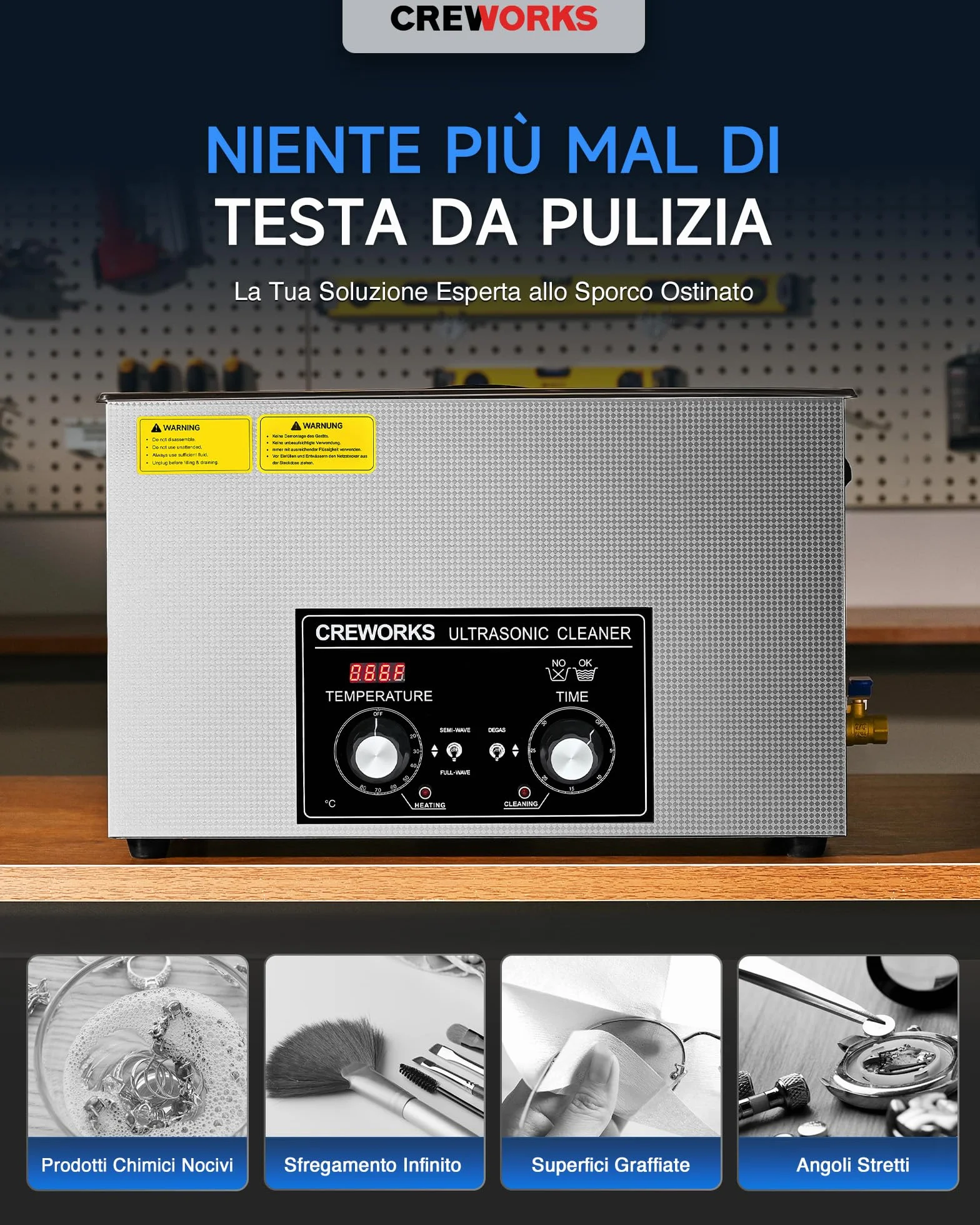CREWORKS 30L Vasca Ultrasuoni in Acciaio Inossidabile con Riscaldatore e Timer 600W Pulitore Ultrasuoni Industriale con Modalità Degas e Delicata per Casa Laboratorio Utensili
