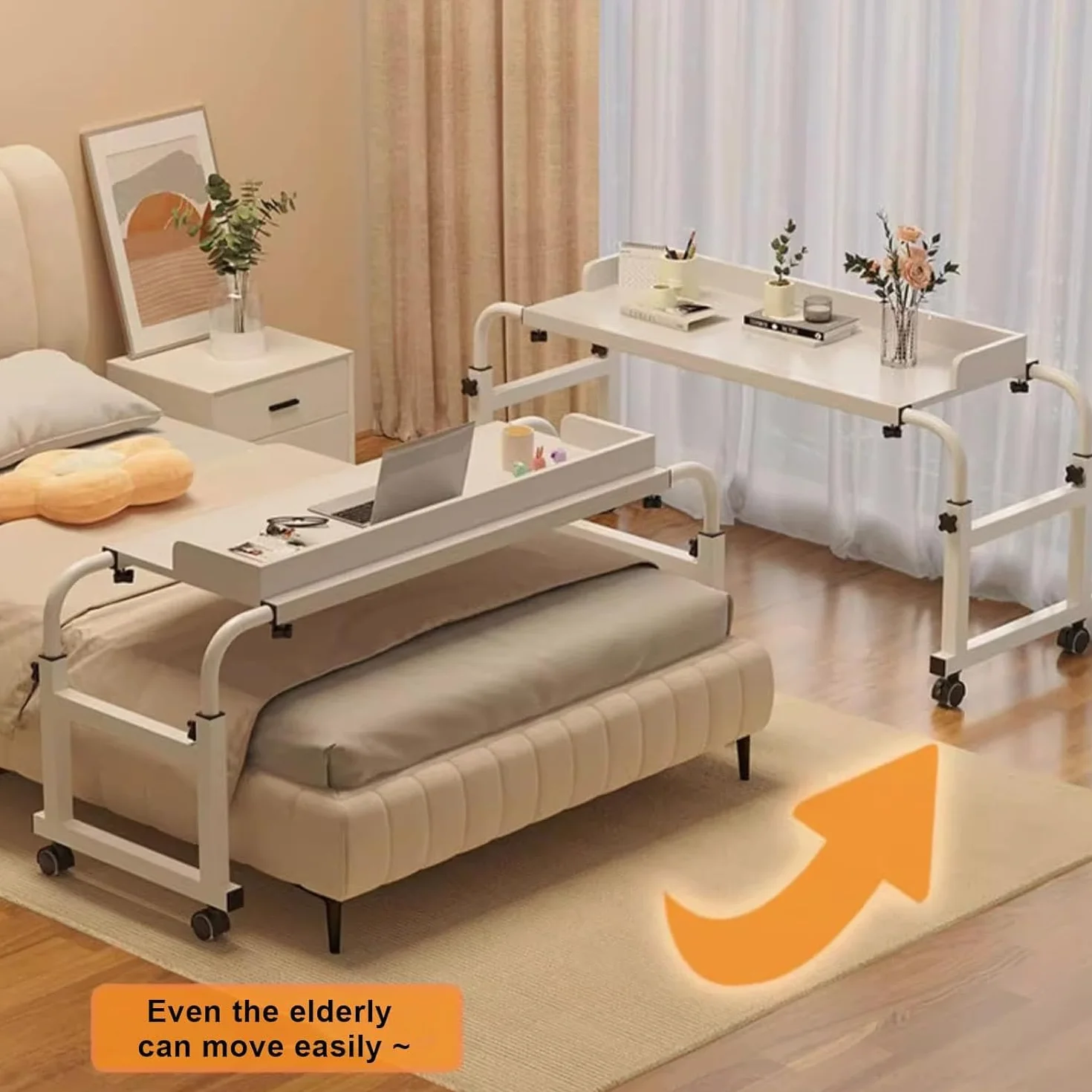 Tavolino Da Letto Regolabile,Tavolino Sopraletto Regolabile Da 115-210 Cm Con Ruote Tavolino Sopraletto Con Gamba In Acciaio Resistente Adatto Per Camera Da Letto/studio/soggiorno(Color:black)