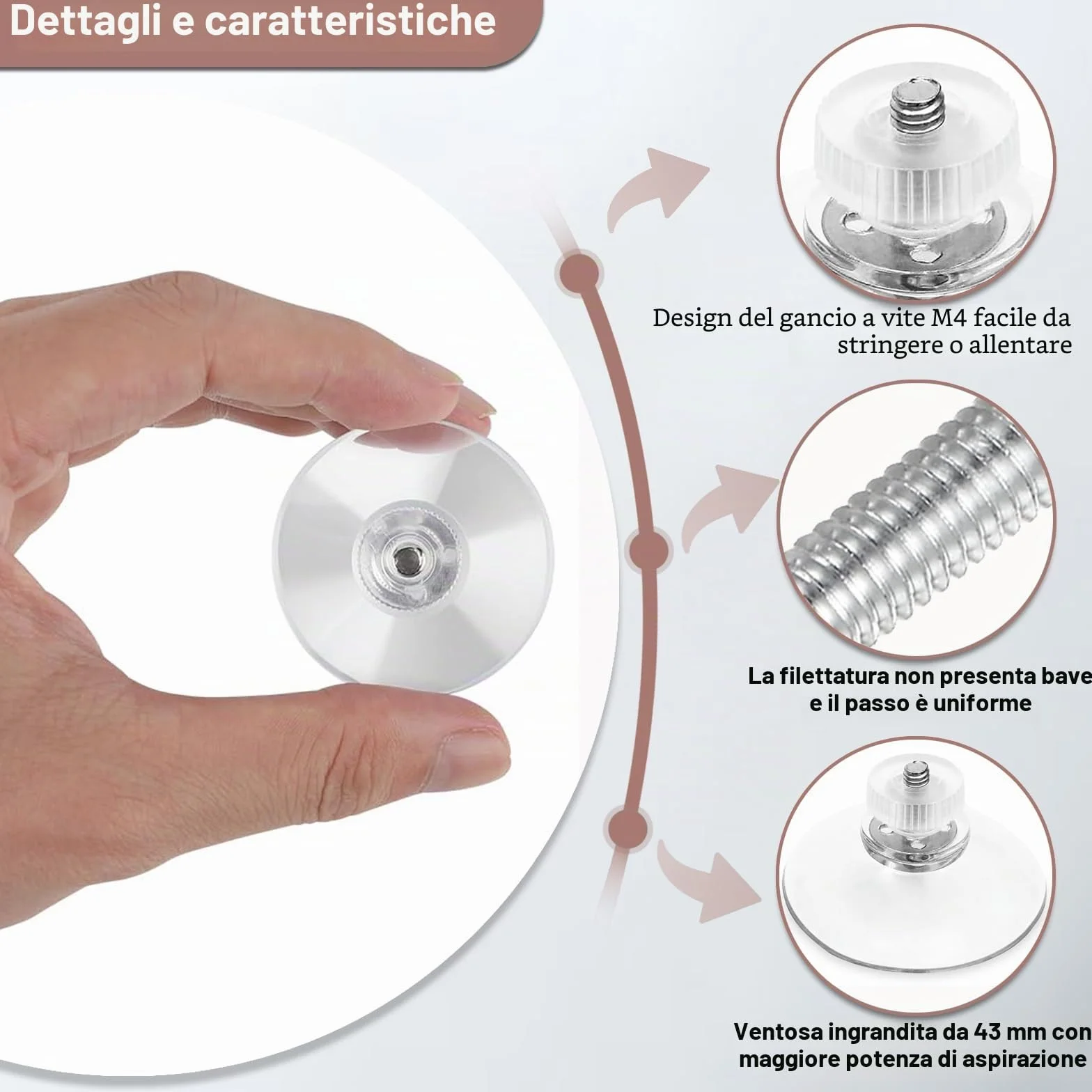 Ganci a Ventosa con Vite per Vetro, Confezione da 5 Ventose da 43 mm con Dado Zigrinato M4, Supporto a Ventosa Trasparente con Pulsante Tondo Filettato, Ventosa Versatile per Finestre, Auto