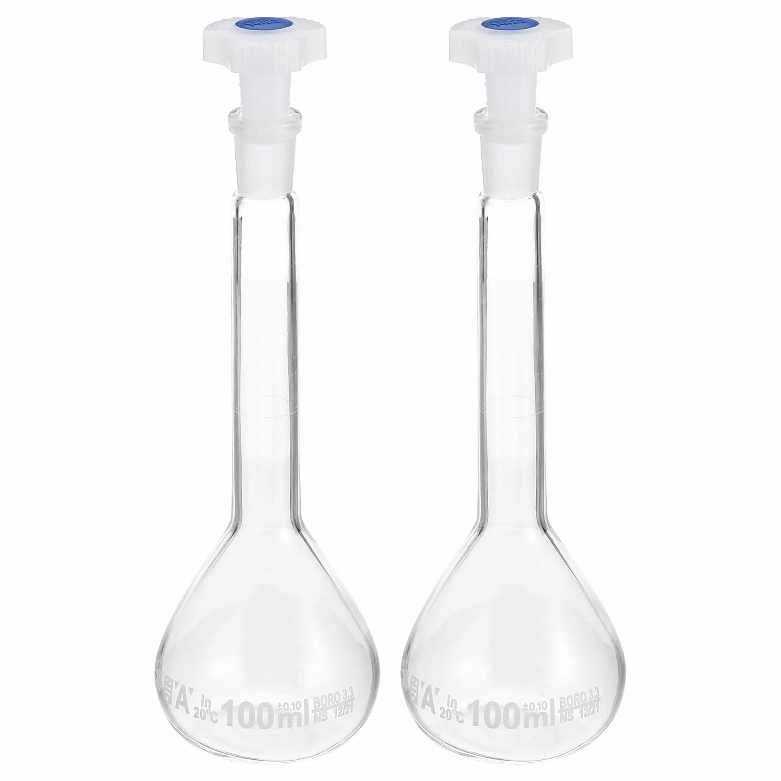 PATIKIL Matraccio Tarato 100ml Matraccio Graduato 2pz 3.3 Vetro Borosilicato Graduato Volumetrico Misura Flacone con Spina Tappo Tolleranza 0.1ml per Laboratorio Esperimento Trasparente