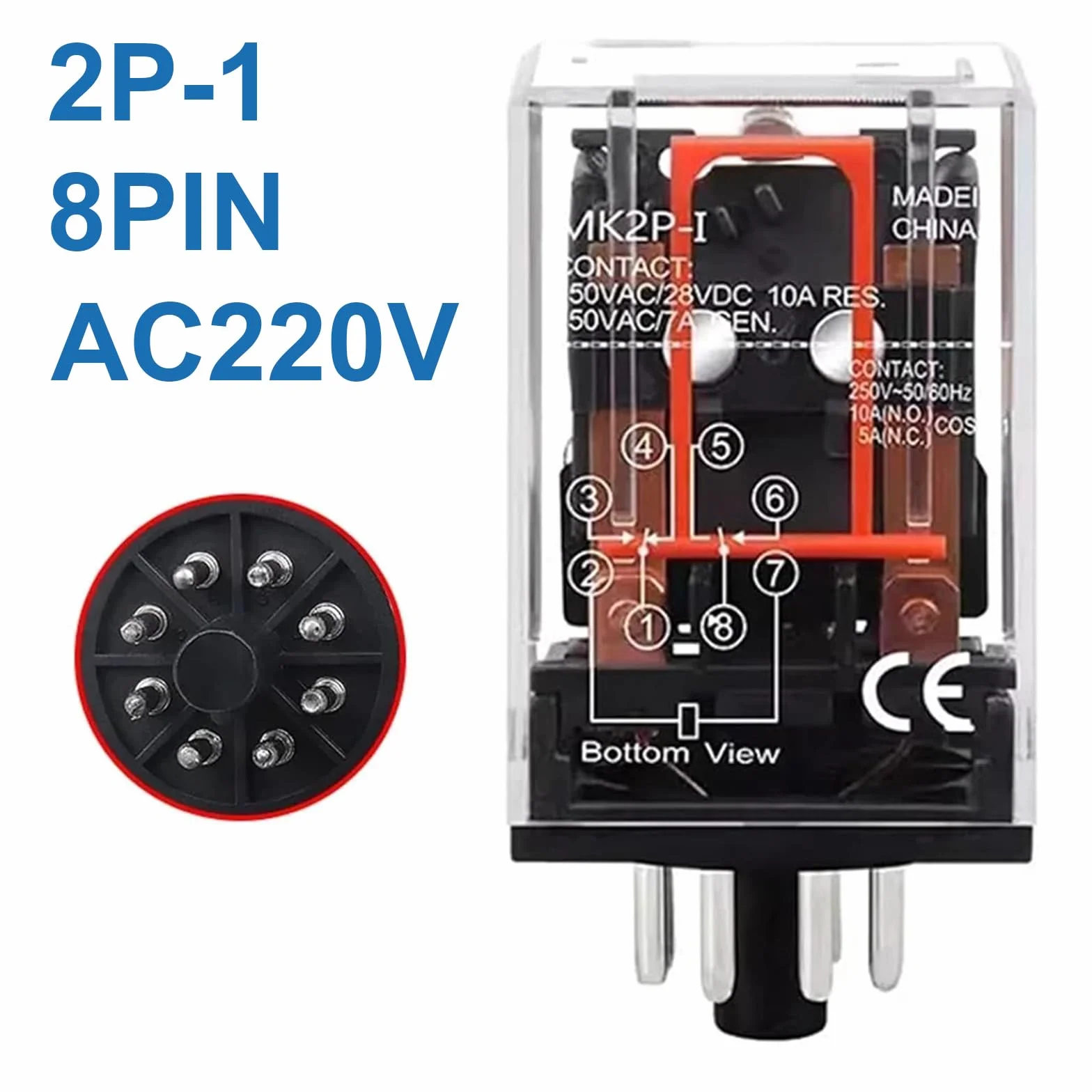 Binghe Rele 220v, Piccolo relè, Relè a doppio scambio,Relè di uso MK2P-I AC 220V bobina DPDT 8 pin con il suo zoccolo plug-in PYF83A Doppio contatto di scambio