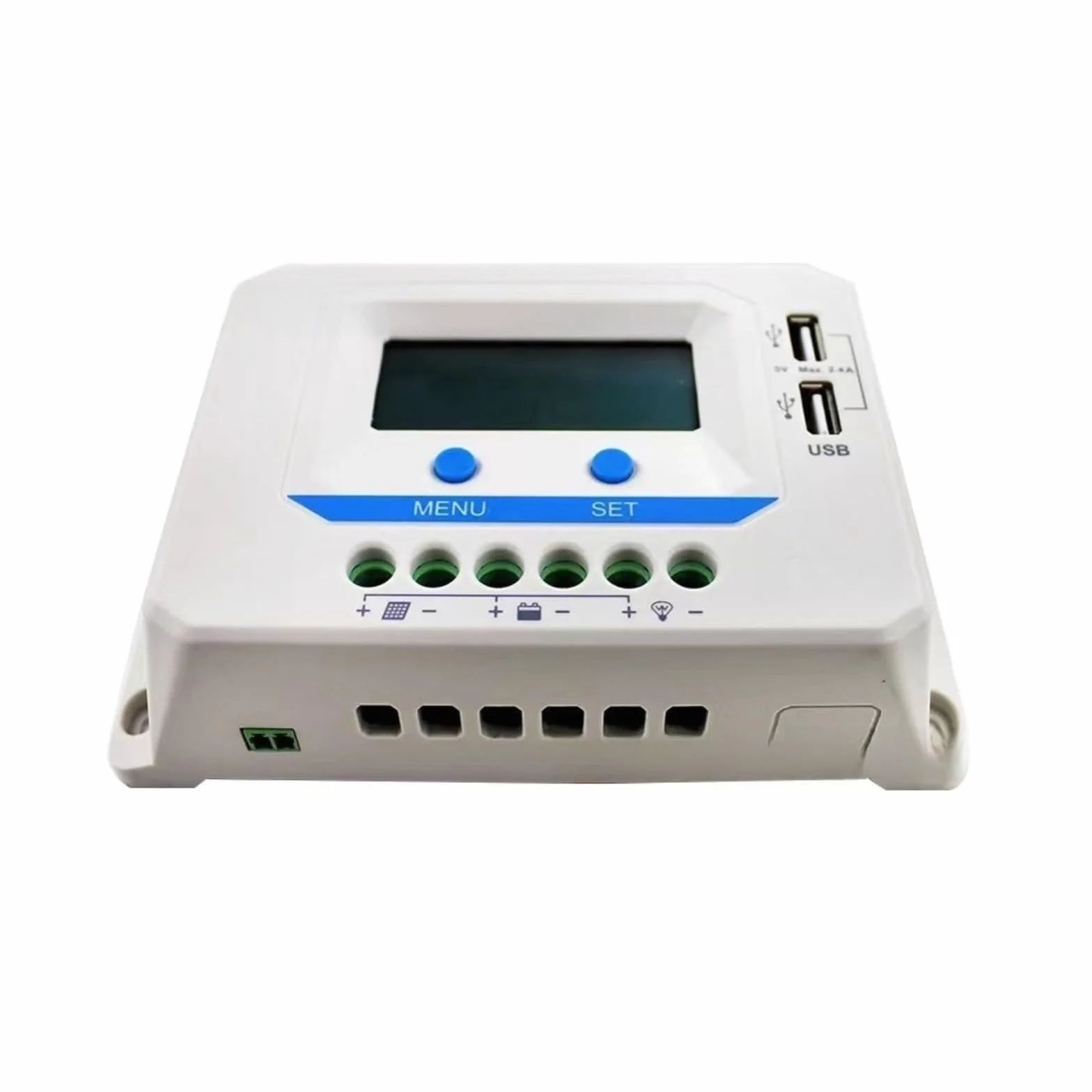 Regolatore di carica solare 12/24 V per PWM con display LCD, doppia porta USB, compensazione della temperatura per camper, campeggio, barca e impianto solare (bianco) (45 A)