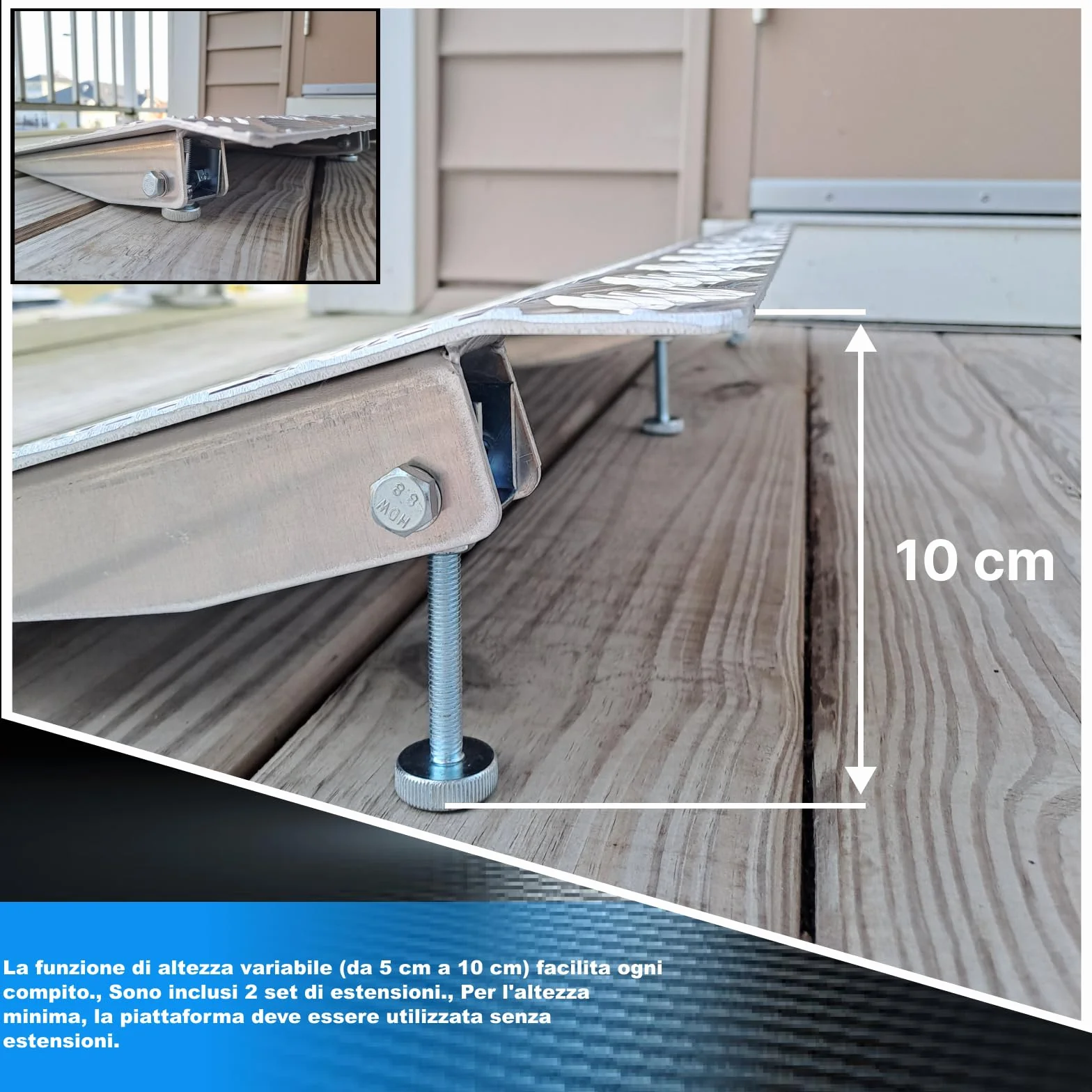 Rampa di Soglia Alluminio Anodizzato Rigida Piattaforma di Carico Altezza Regolabile Superficie Antiscivolo 1TR90