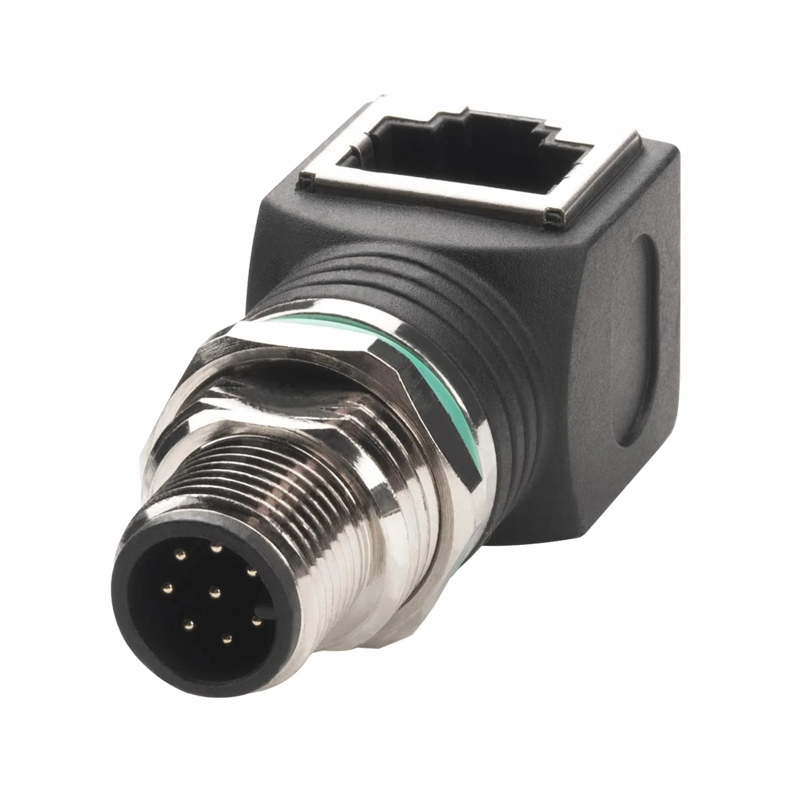 Adattatore M12 maschio 8pin-RJ45, 90°, plastica, IP68, adattatore industriale schermato per fotocamera, sensore
