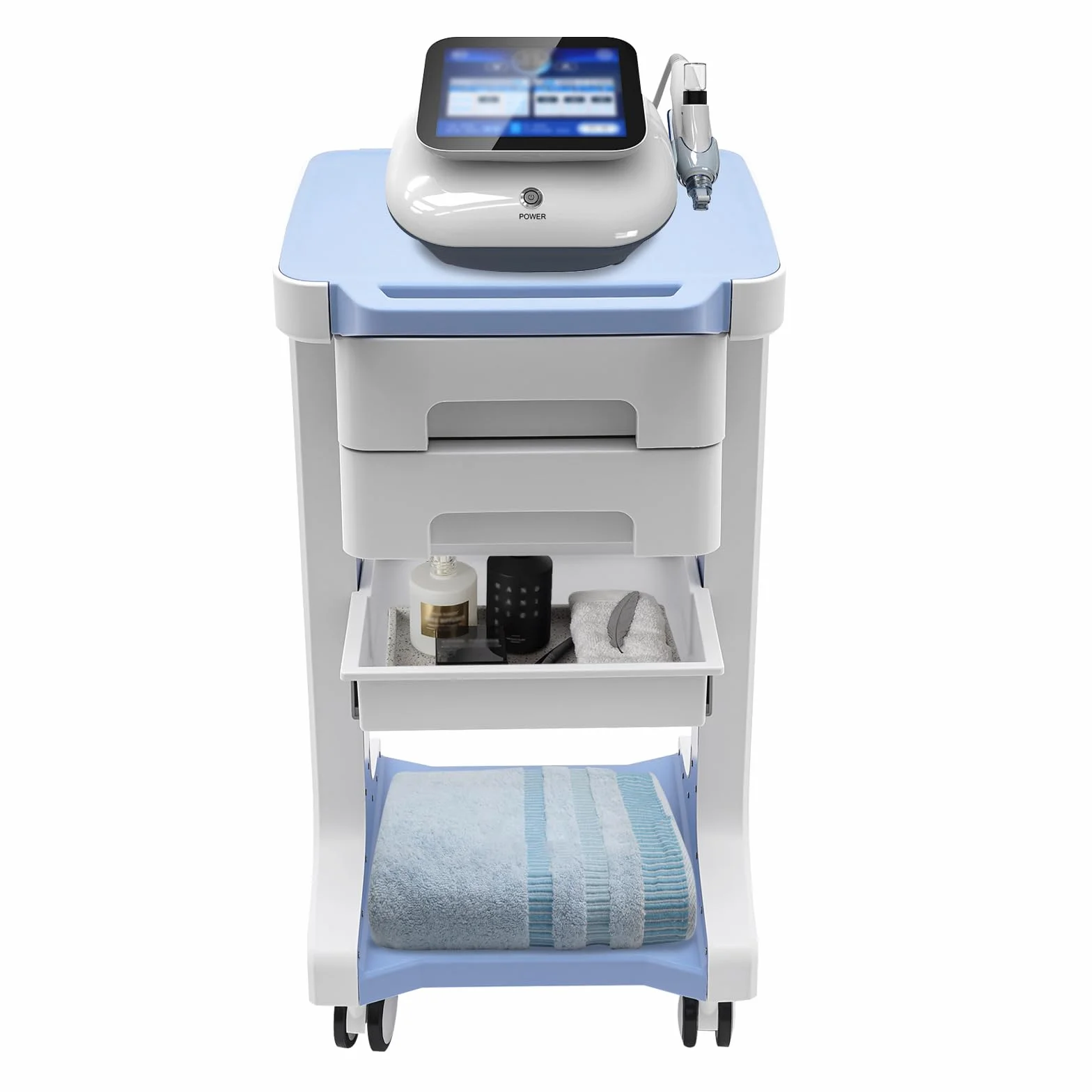 OUKANING Carrello medico con 2 cassetti, 41 x 41 x 67 cm, carrello da 50 kg, con vano portaoggetti, carrello per cosmetici, 4 ruote universali per parrucchiere, colore blu