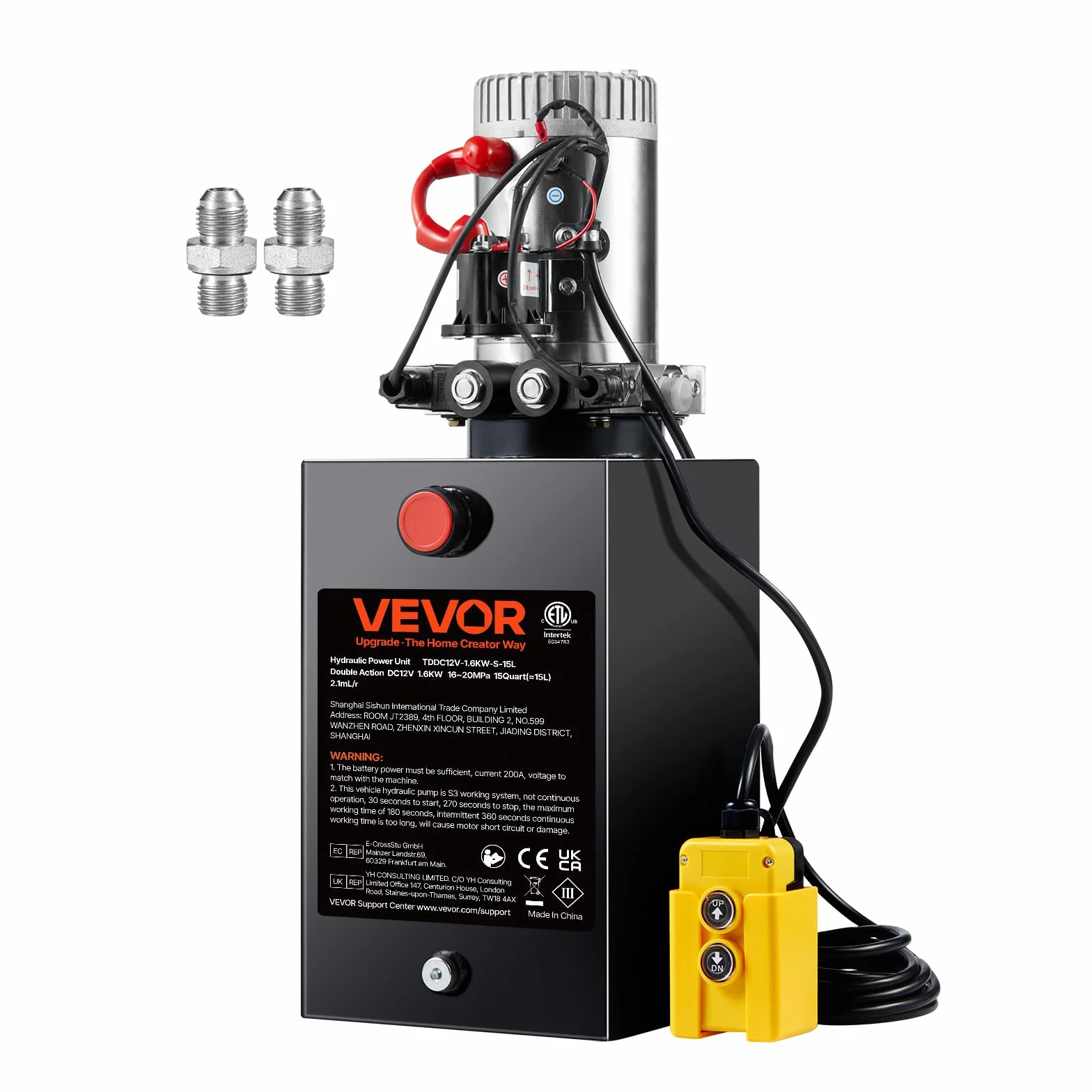 VEVOR Pompa Idraulica CC 12V Capienza ca. 14 L Centralina Idraulica ad Azione Doppia Flusso d'Olio ca. 3,44 L/min Pressione Massima di 22 MPa, Pompa per Montacarichi Auto Camion Rimorchio da Garage
