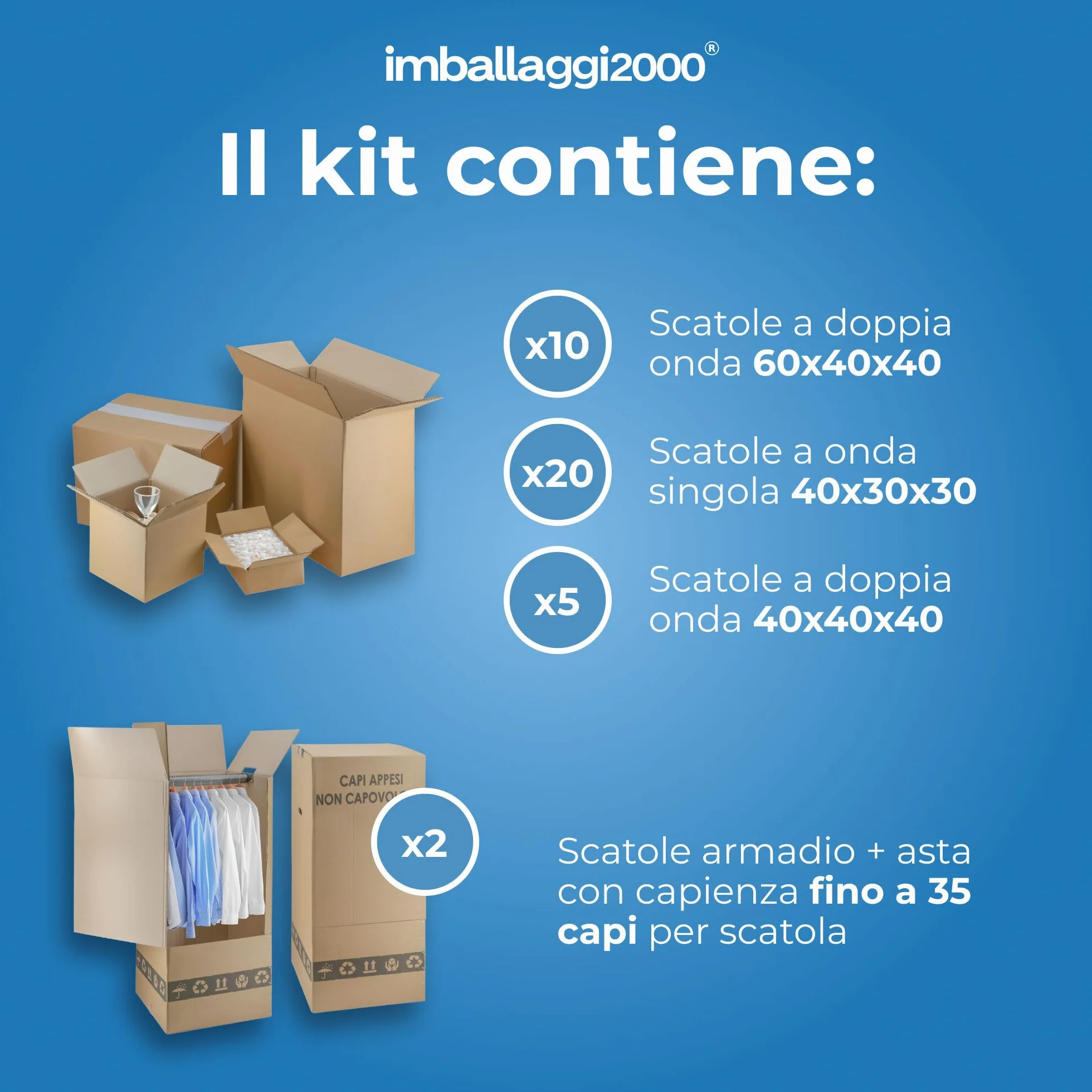 IMBALLAGGI 2000 - Kit Trasloco Appartamento 90mq - Scatoloni, Scatole Porta Abiti, Nastri da Imballo, Fogli Carta, Rotoli Pluriball, Sacco Materasso Matrimoniale e Singolo, Buste Porta Abiti
