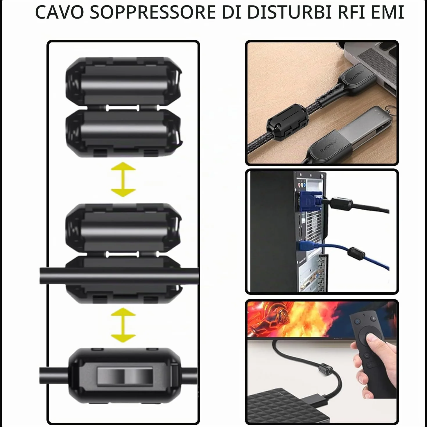 Ferrite Anello Nucleo 48 Pezzi Anello di ferrite Core nero Clip-on Ferrite Core RFI EMI Rumore Soppressore Cavo Clip 3.5mm - 13mm Diametro Interno per cavi USB RFI EMI (6 diverse 48 Pezzi)