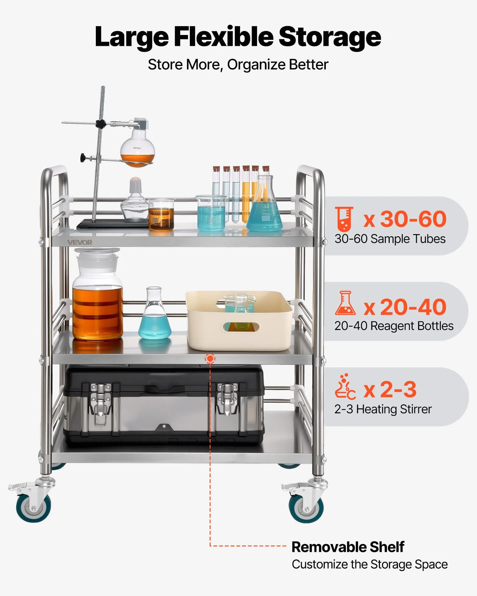 VEVOR Carrello da Laboratorio in Acciaio Inox a 3 Livelli con Ruote Bloccabili, Carrello per Servizio Medico, Vassoio per Clinica, Vassoio di Stoccaggio Mobile per Impieghi Gravosi per Ospedale