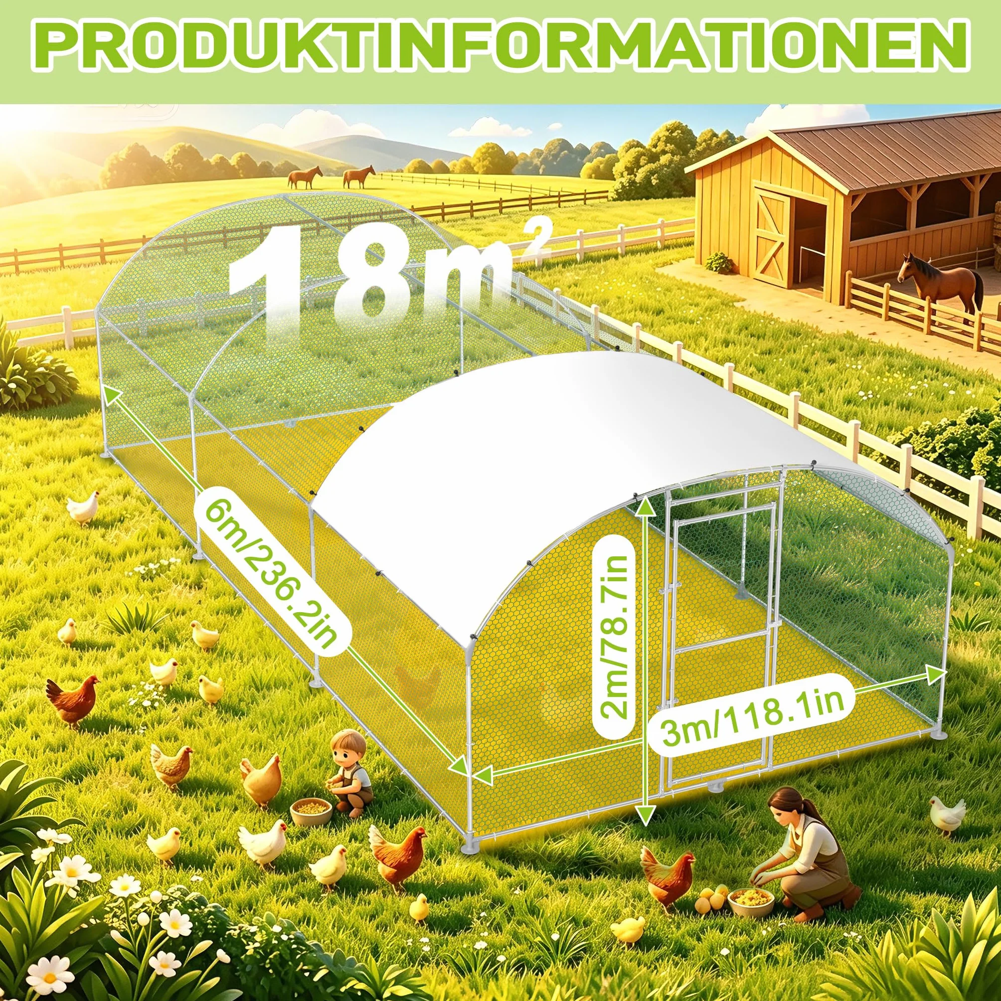 Froadp Pollaio 3 x 6 m gabbia per polli in metallo zincato Recinzione libera con protezione solare tetto e porta chiudibile a chiave, gabbie per pollo, pollame, conigli