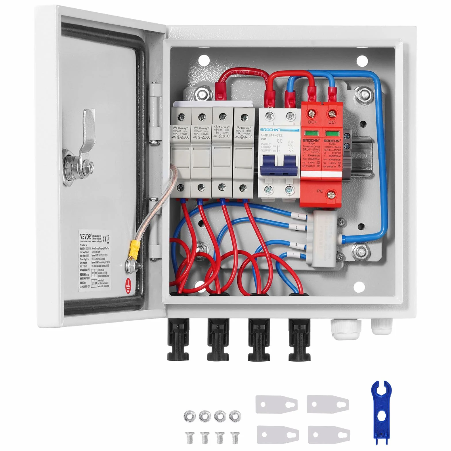VEVOR Scatola Combinatrice Fotovoltaica, Scatola Fusibile Corrente Nominale 15A, Interruttore Automatico 63A e Protezione da Sovratensione, Acciaio per Sistema di Pannelli Solari On/Off, IP65