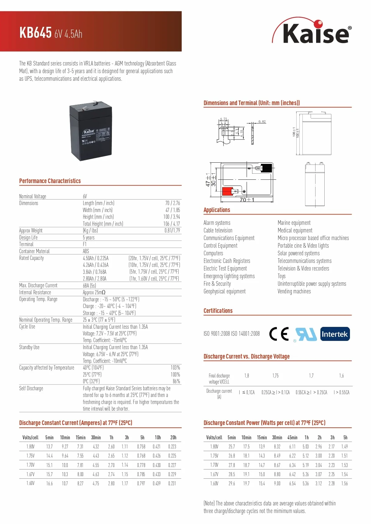 Kaise Batteria al piombo AGM VRLA 6V - 4,5Ah / Modello KB645 F1 / 2 pezzi