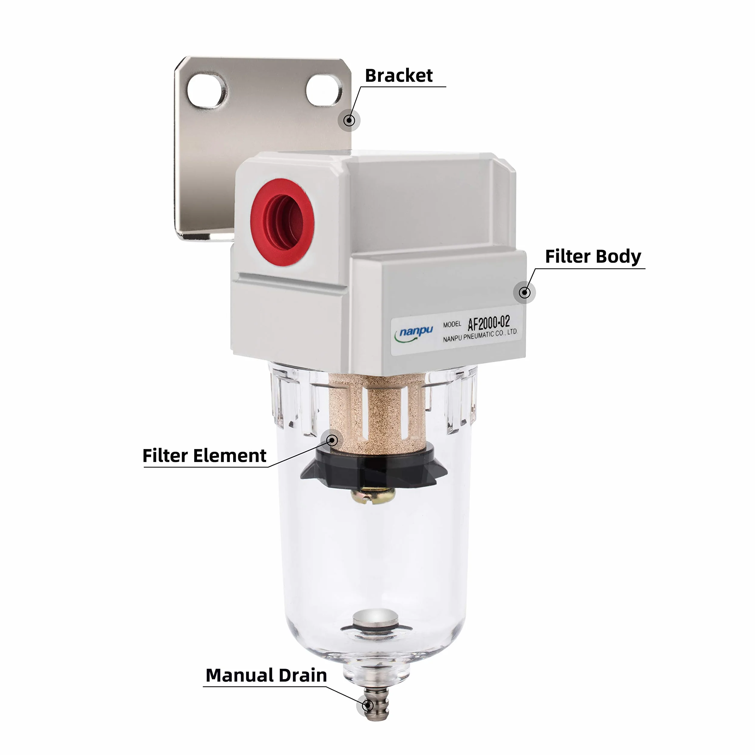 NANPU 1/4" BSPP Aria Compressa Filtro, Separatore Trappola Acqua - Tazza in Polietilene, Scarico Semiautomatico, Staffa Metallica