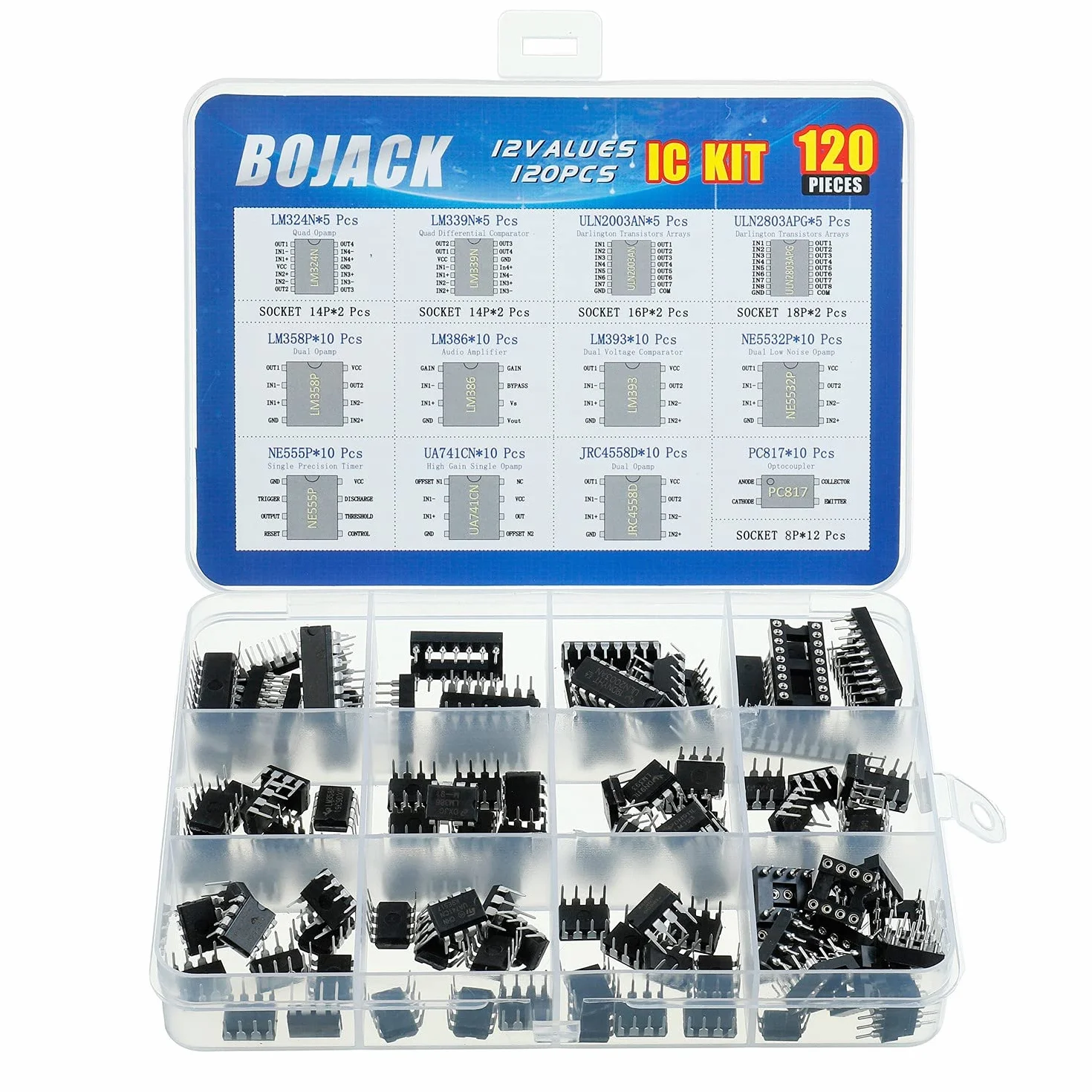 BOJACK 12 Valori 120 pezzi IC Timer Opamp Accoppiatore Darlington LM324 LM339 ULN2003AN ULN2803APG LM358P LM386 LM393 NE5532P NE555P UA741CN JRC4558D PC817 assortimento Kit