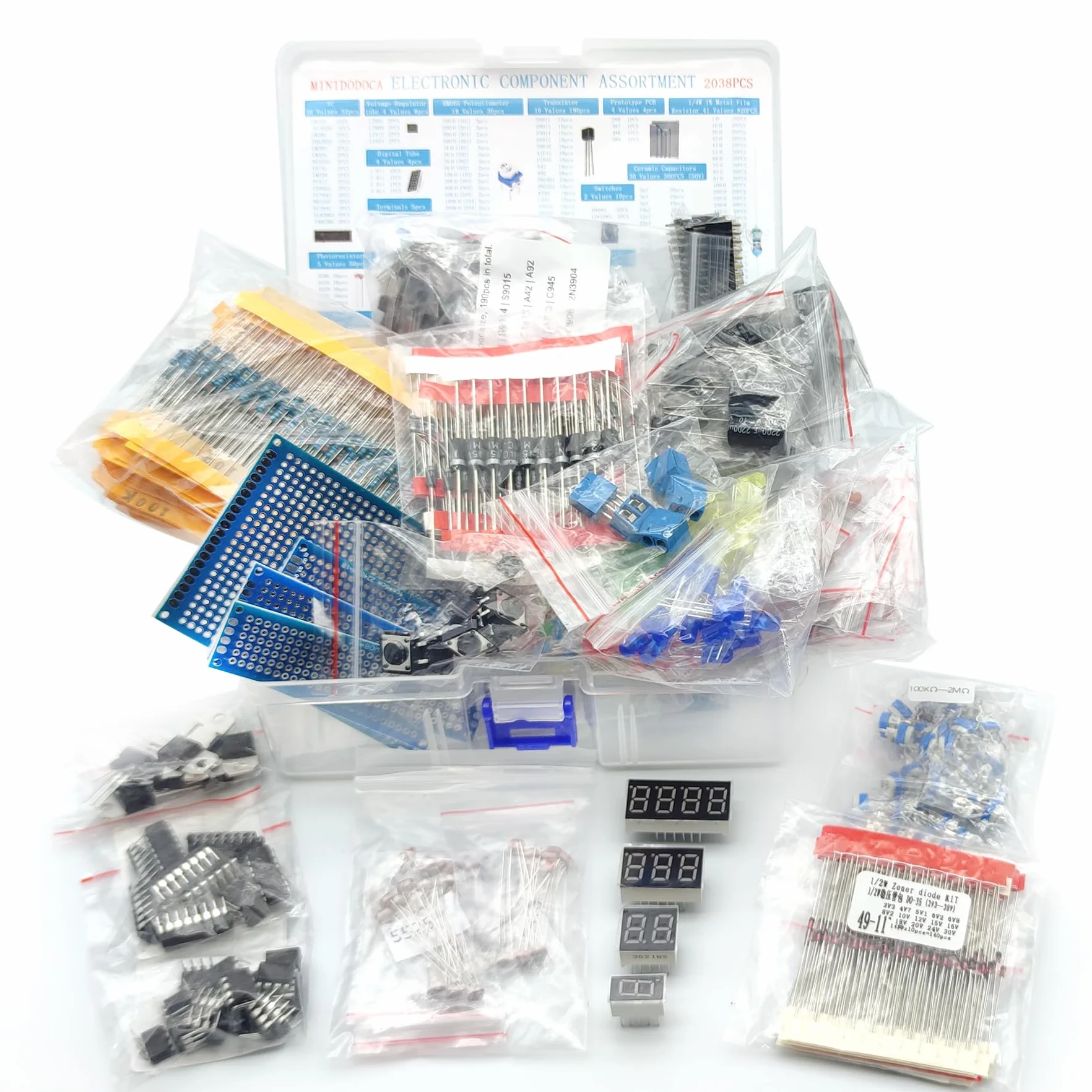 Kit componenti elettronici e totale 2038 pezzi, diodi LED, resistori a film metallico, pacchetto condensatore elettrolitico, diodi, condensatori ceramici, IC, PCB, tubo digitale, scatola