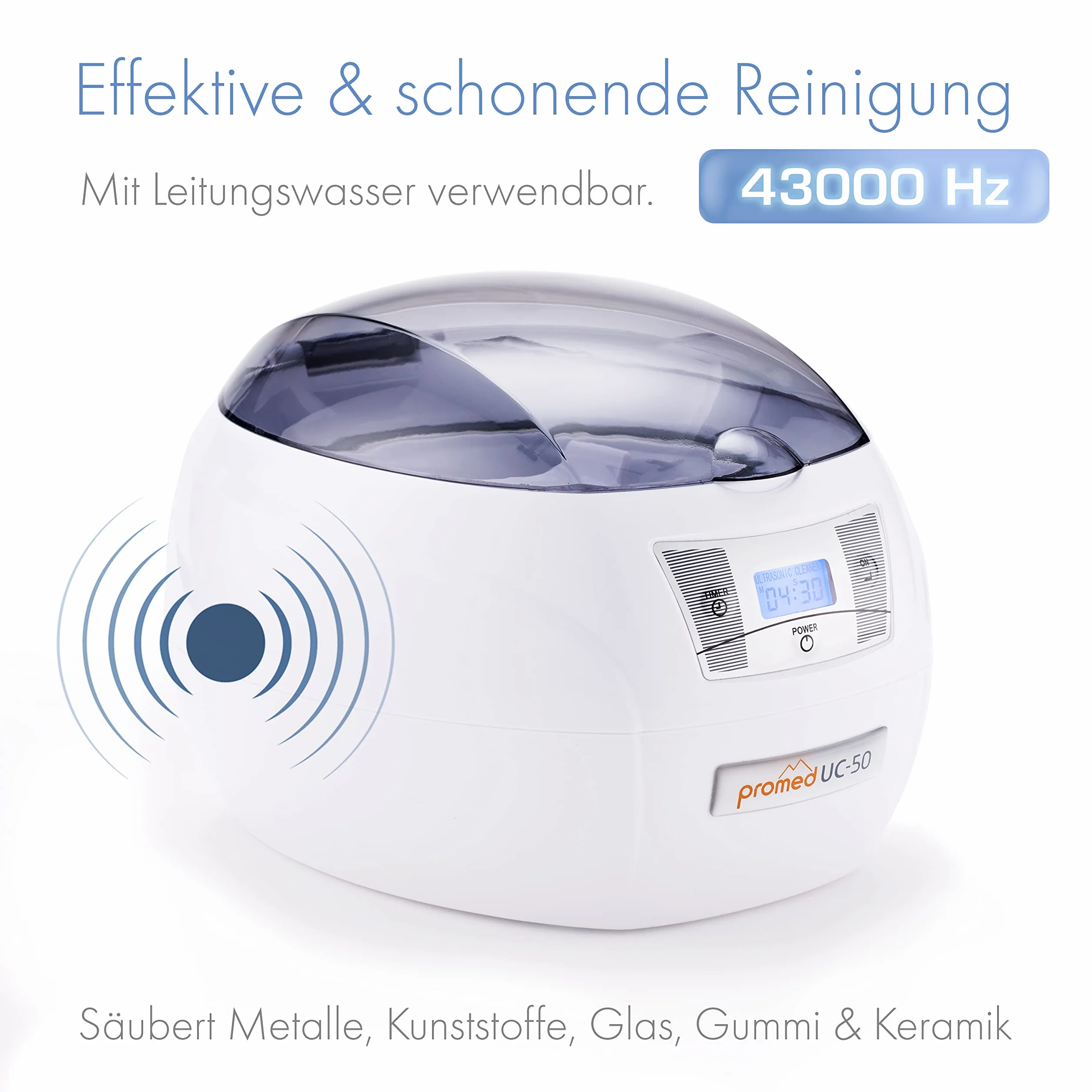 Promed UC-50 Pulitore Ultrasuoni - Dispositivo di Pulizia Gioielli, Utensili da Unghie, Occhiali, Oggetti - Alta Frequenza - Timer Automatico, LCD e Motore Silenzioso - Supporto per Orologio, Bit e CD