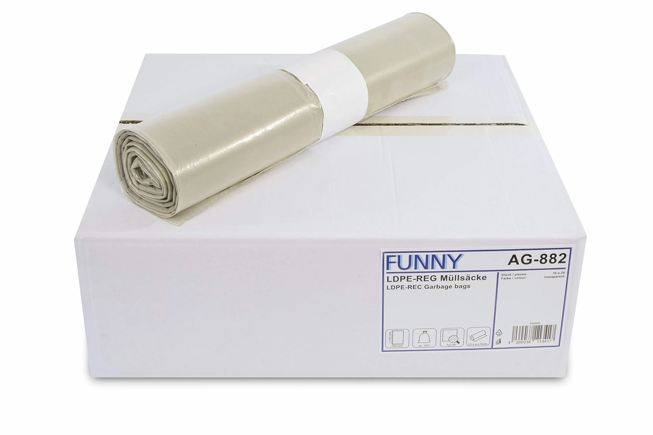 Funny - Sacchi della spazzatura in LDPE (polietilene a bassa densità) rigenerato, in rotolo, tipo 60, 1 x 250 pezzi, 120 l, colore: Trasparente, plastica