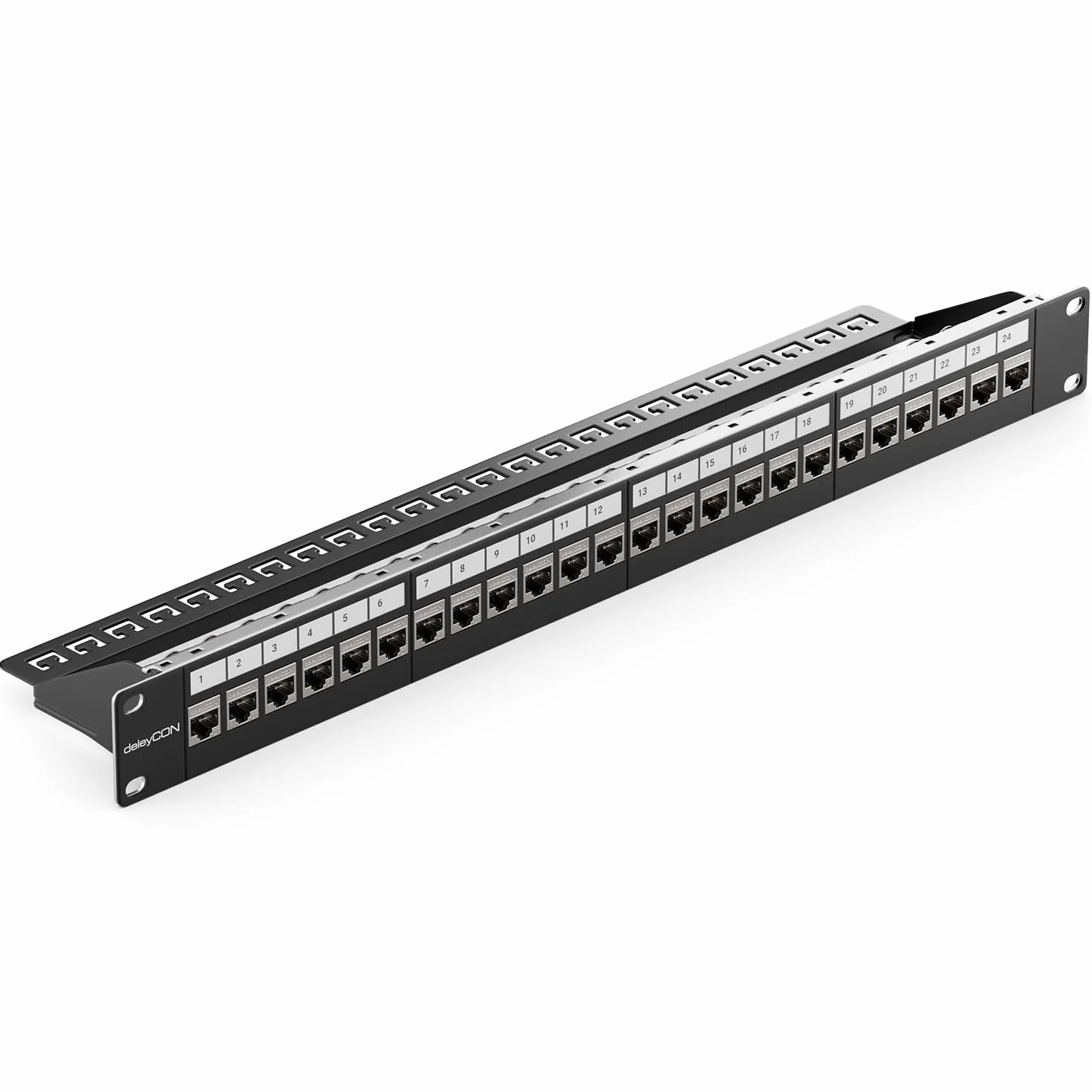 deleyCON 24 Porto CAT7 Pannello Patch SET Campo Delle Patch Campo di Distribuzione Modulare 1 IU 19" Pollici Montaggio Rack + 24x CAT 7 Keystone Moduli RJ45 10 Gbit/s 600 MHz Cavi di Posa Nero