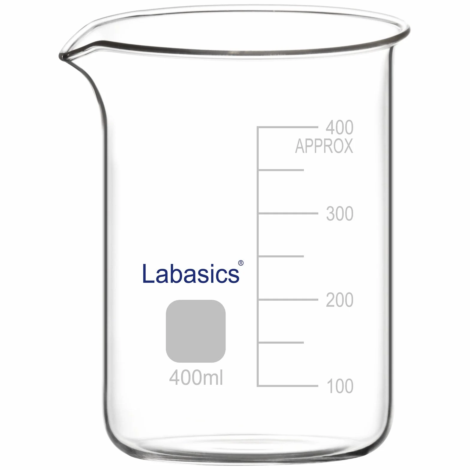 Labasics Bicchiere di Vetro, 1 Confezione, Bicchiere di Vetro Borosilicato a Forma Bassa Graduato Griffin con Beccuccio Versatore, 400 ml, Resistenza ad Alta Temperatura, Uso in Laboratorio