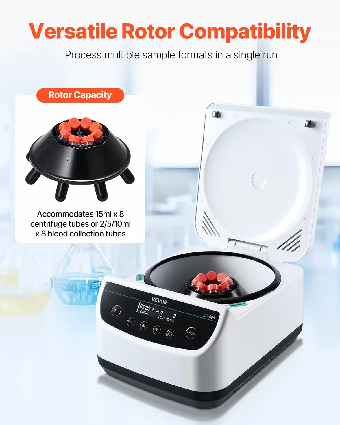 VEVOR Centrifuga da Laboratorio Elettrica 100-1900 xg RCF con Rotore per Provette da 2/5/10/15 ml, Velocità Regolabile da 500 a 4000 Giri/min, Bassa Rumorosità per Esperimenti di Laboratorio