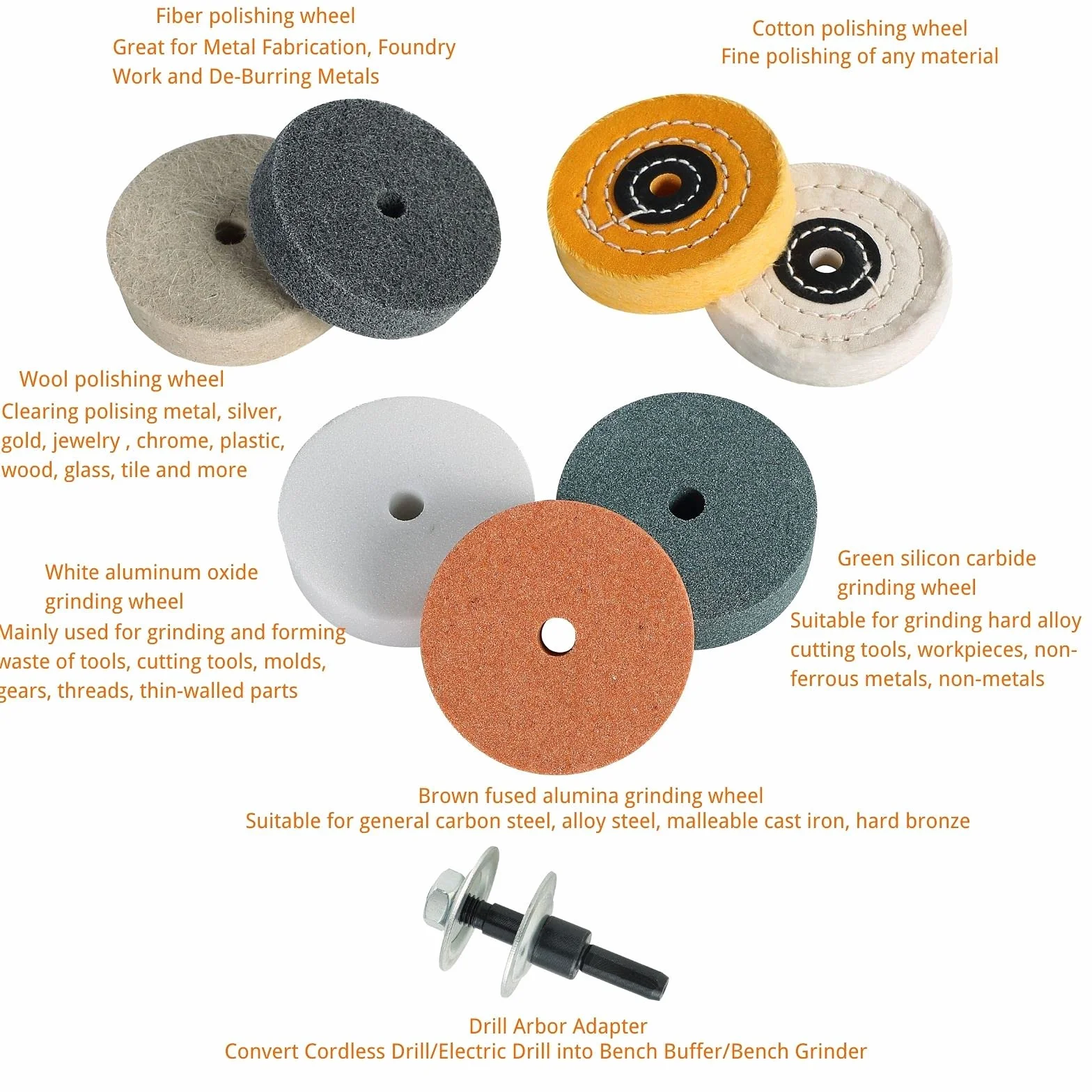 Set di mole abrasive e lucidanti da 75 mm (8 pezzi). Adatto per mini-lucidatrici e trapani elettrici. Affilatura, rimozione della ruggine e lucidatura. Adatto per il fai da te