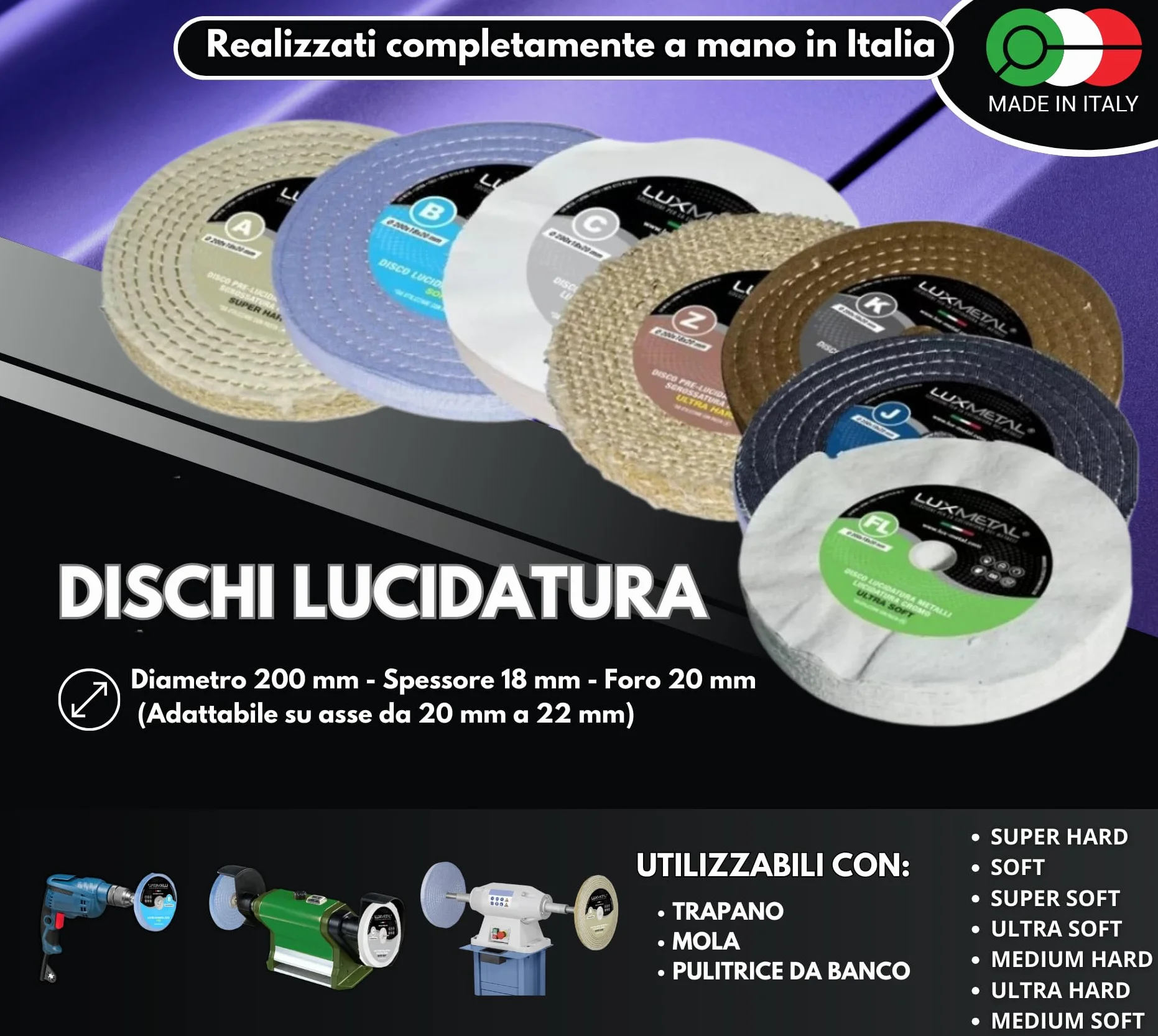 Lux Metal - Kit 7 Disco Lucidante 200 mm e 7 Pasta Abrasiva Lucidante 350 gr - Per Alluminio, Ferro, Acciaio Inox, Bronzo, Marmo - Ruota Lucidatura Metalli Mola Smerigliatrice Feltro