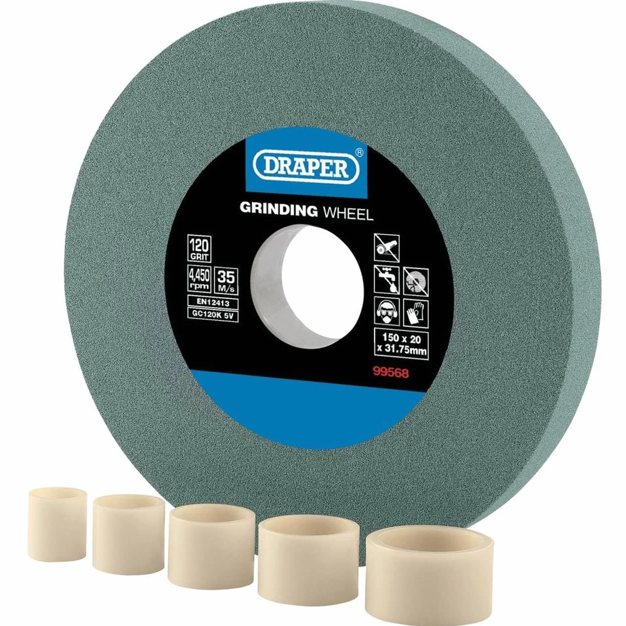 Draper Mola da banco 150x20 mm affilatrice utensili TCT grana 120 anelli riduzione foro 31.75 mm