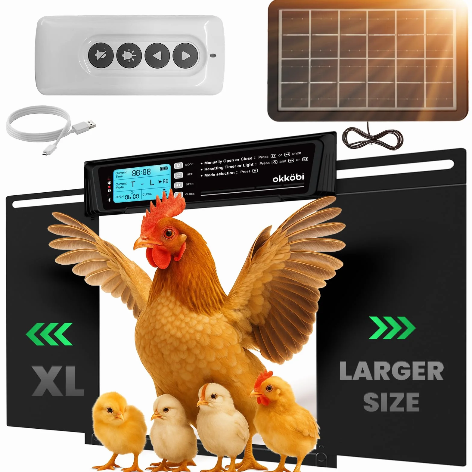 Porta Automatica Pollaio Extra Large Solare – Display LCD, Telecomando, Sensore di Luce, Timer & Funzione Antipizzicamento – Apertura 28,7 x 22,1 cm – Protezione 5 Anni – Nero - Okköbi