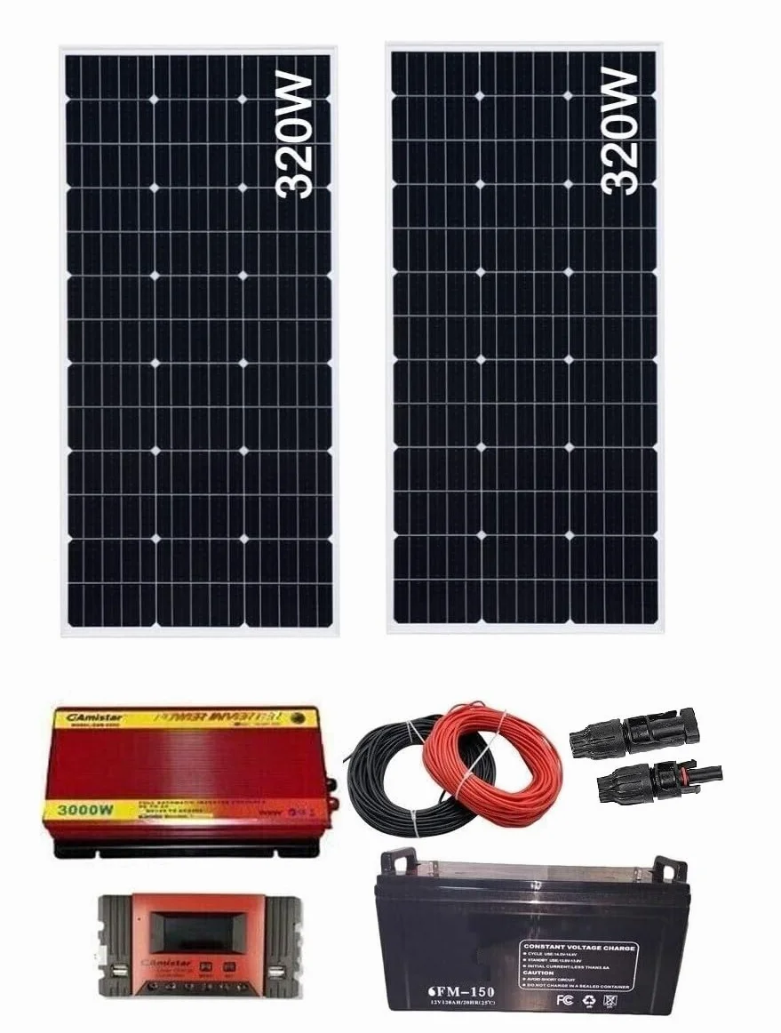 KIT Fotovoltaico kw 2x pannello 320w Batteria 150 AH Inverter 3000W Regolatore 60A ALESHOP82