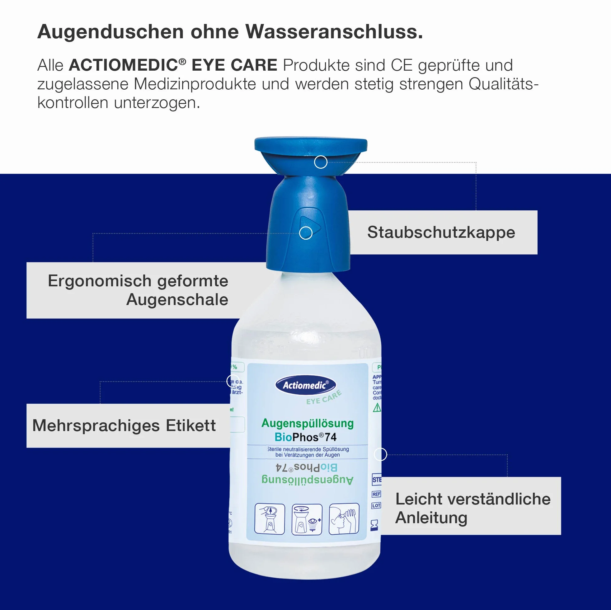 ACTIOMEDIC I Soluzione per lavaggio oculare tamponata ai fosfati BioPhos®74 4,9%, Collirio sterile per rimuovere le sostanze chimiche dagli occhi, Dispositivi primo soccorso, 500 ml