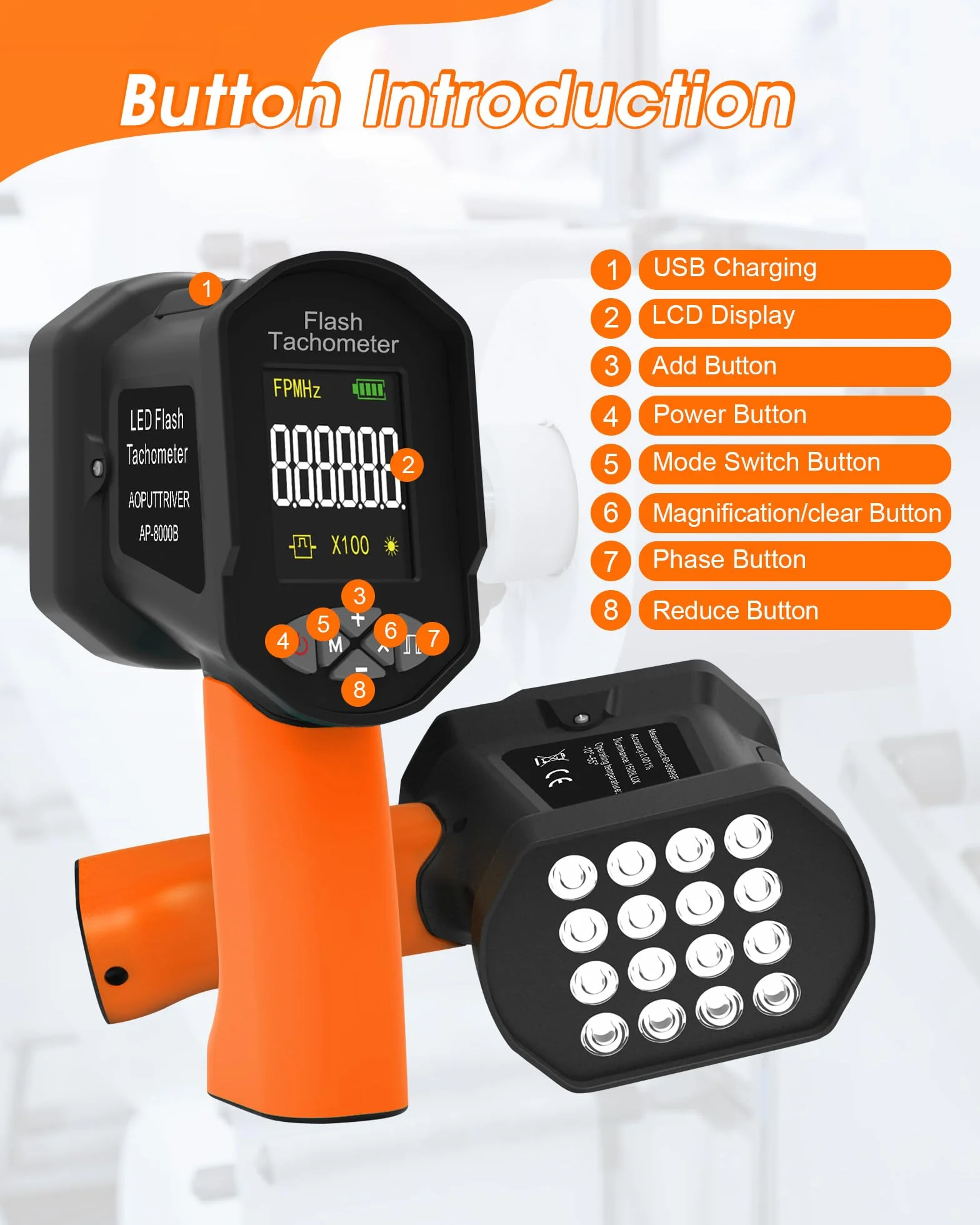 Stroboscopio LED 60–100.000 giri/min, WapoRich tachimetro digitale senza contatto con 16 LED, ricaricabile USB, display LCD per motori e ventole